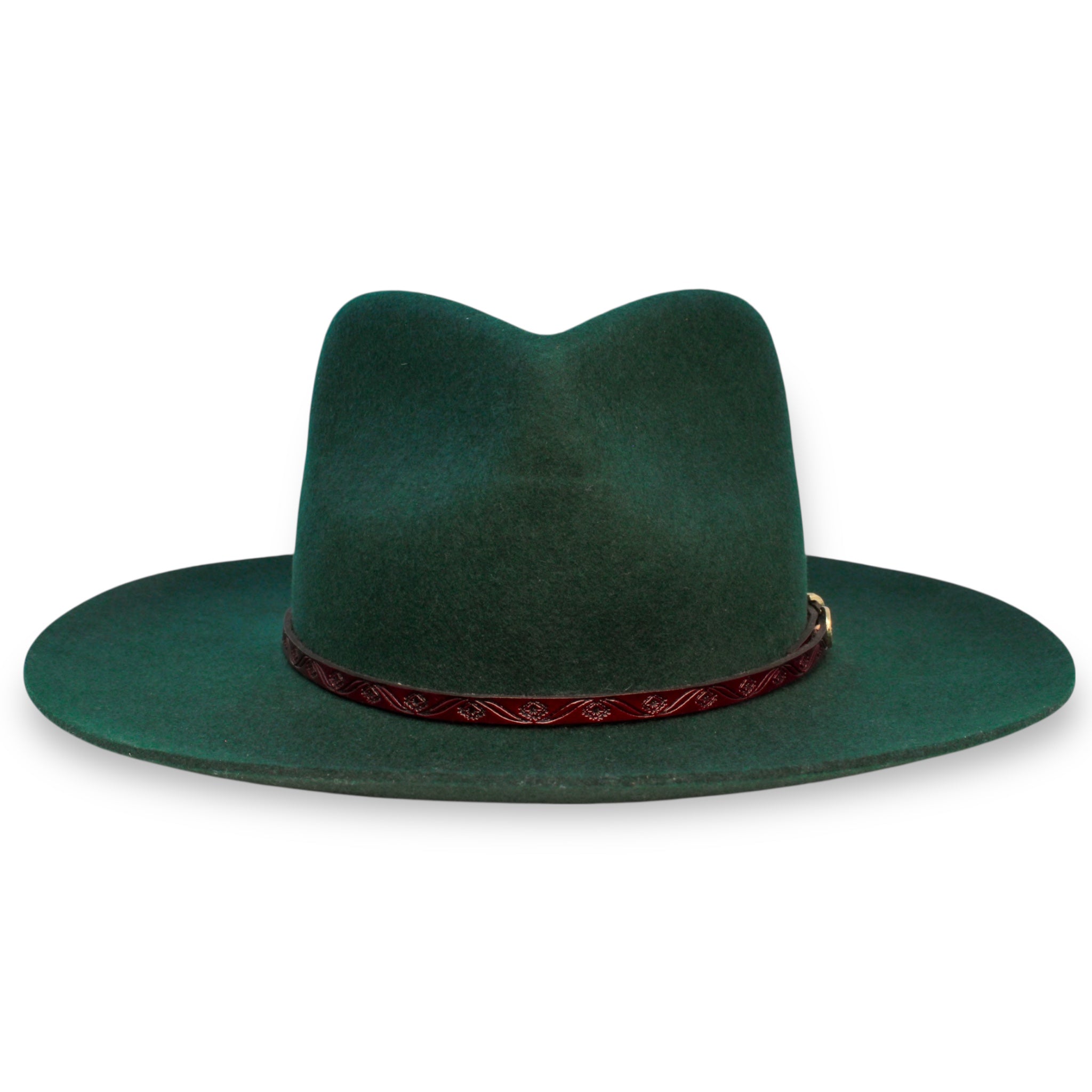 Front view of a green felt fedora with a slim dark red floral band on the base of the crown.