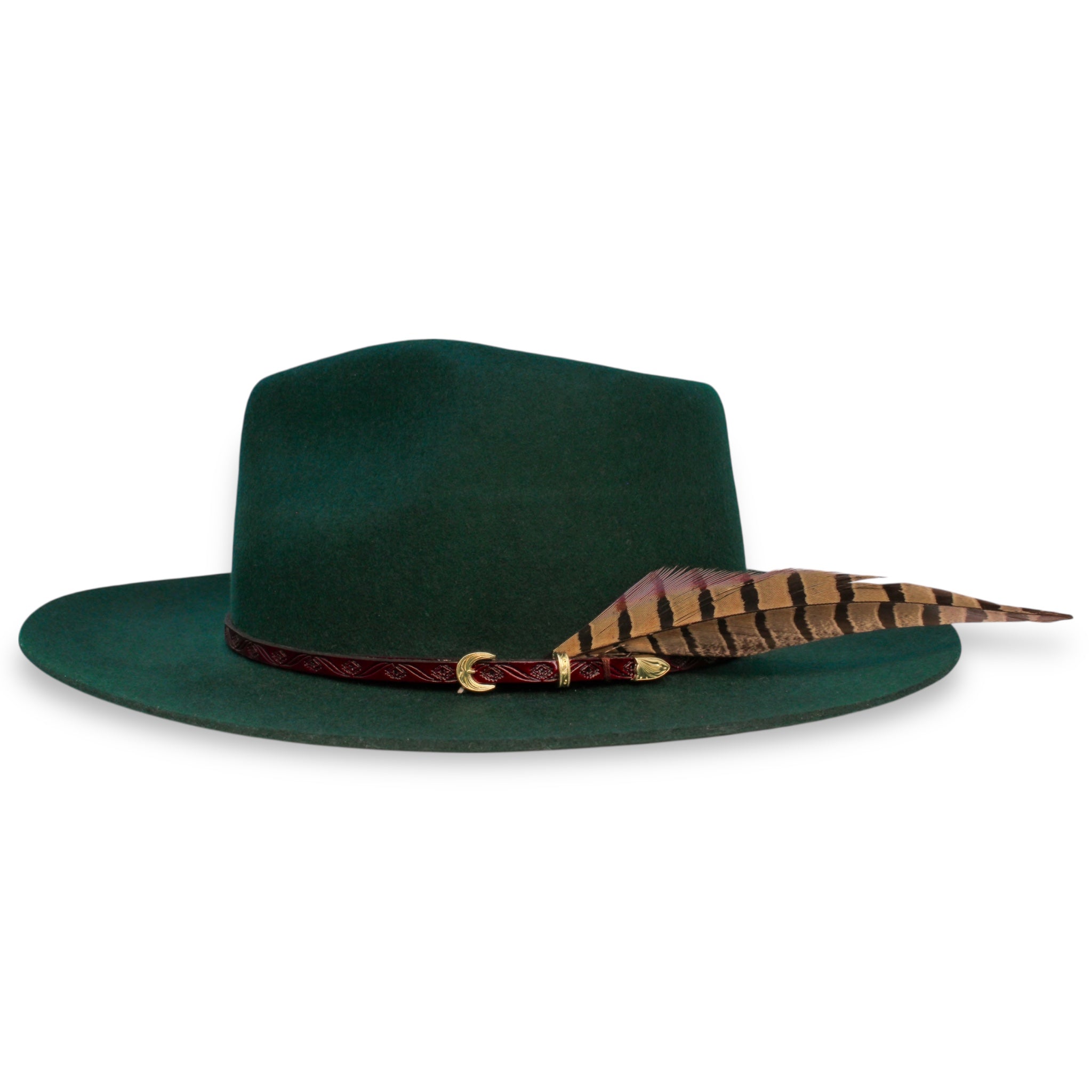 Side profile of a green felt fedora. The leather hat band has gold buckles and there is a large striped feather.