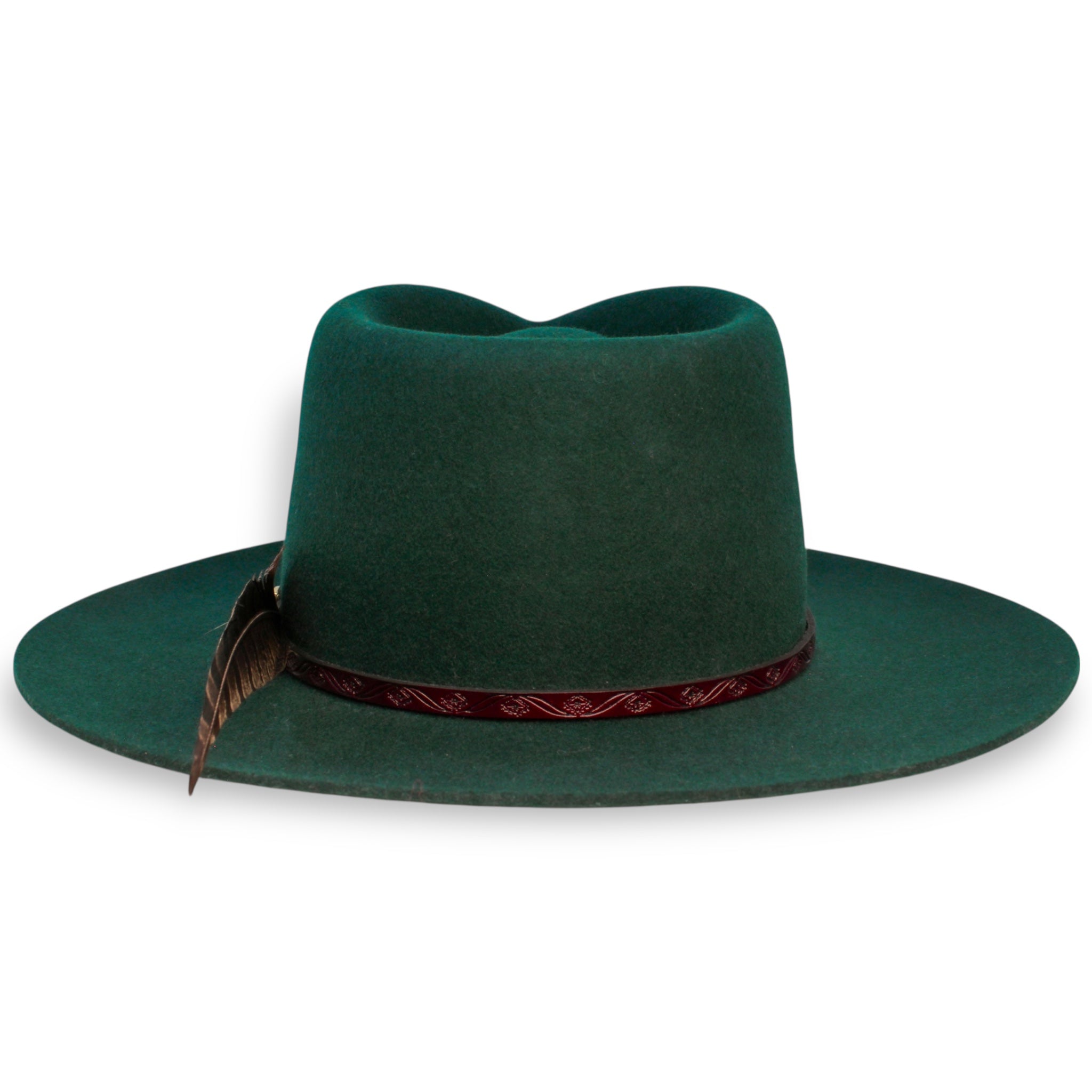 Emerald green felt hat viewed from the back with a floral leather hat band.