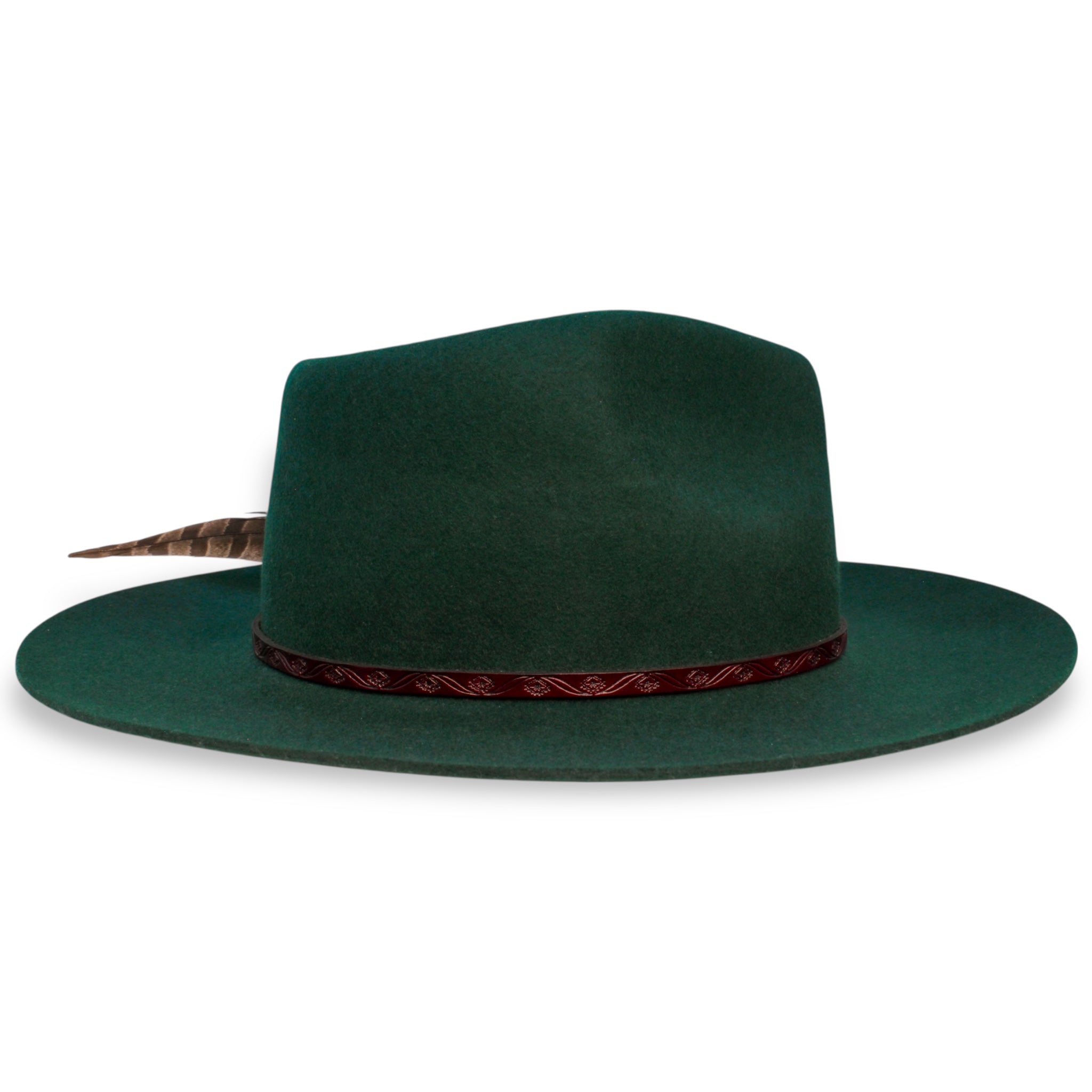 The opposite side profile of a dark green felt fedora featuring a lifted brim and a slim dark red hat band.