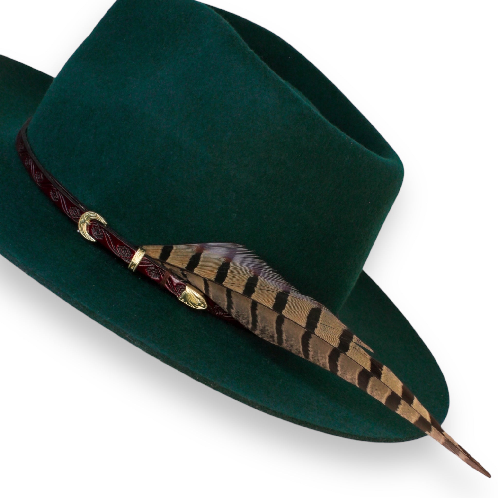 A detailed shot of a short brim fedora with a dark red and gold hat band and a long feather.