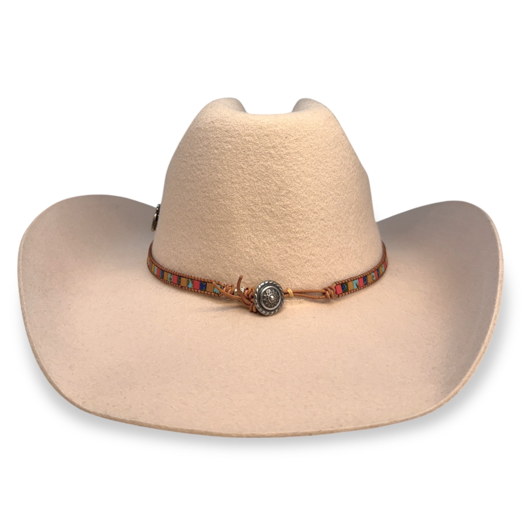 Back view of beige felt cowboy hat showing the details of the multicolored hat band and the silver button it attaches to.