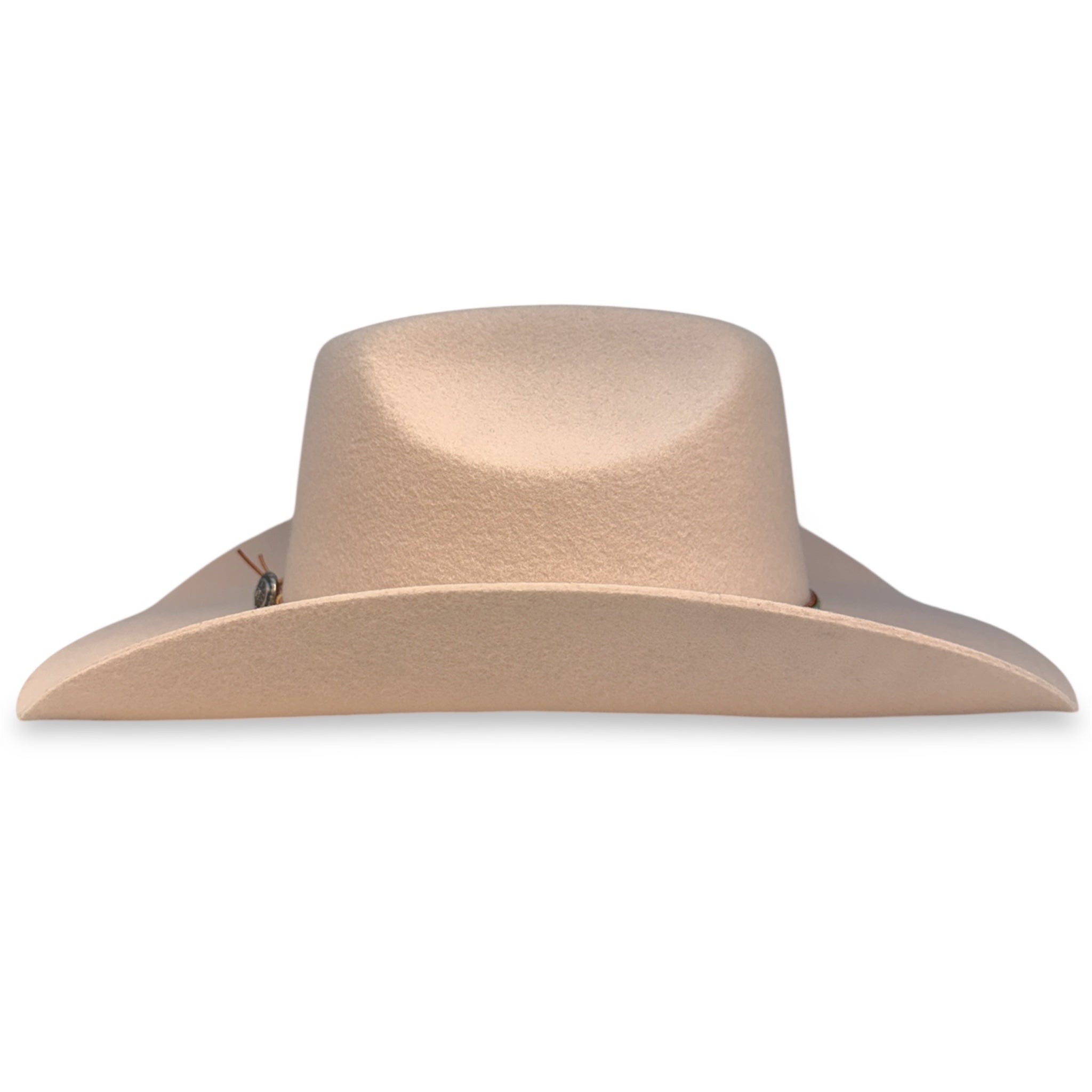 Opposite side view of a handcrafted off-white cowboy hat.