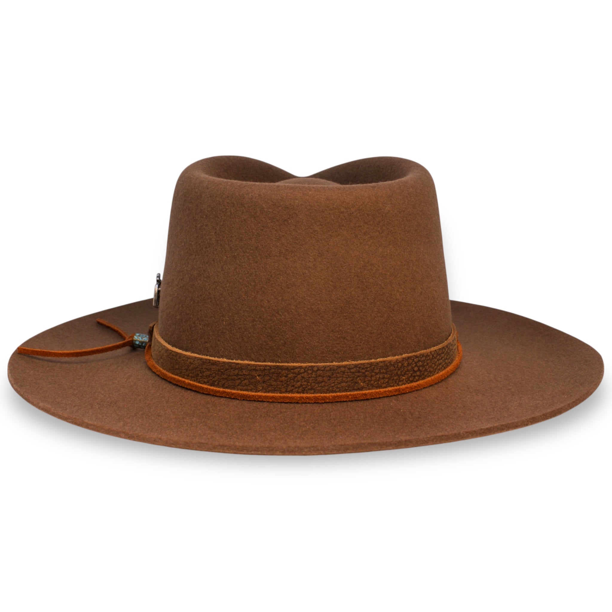 Back view of the brown fedora with a lifted brim. The burnt orange hat tie sits in front of the brown leather hat band.