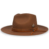 Brown felt fedora hat with a thunderbird silver concho, a textured leather hat band, and an orange hat tie made by House of Hatters.