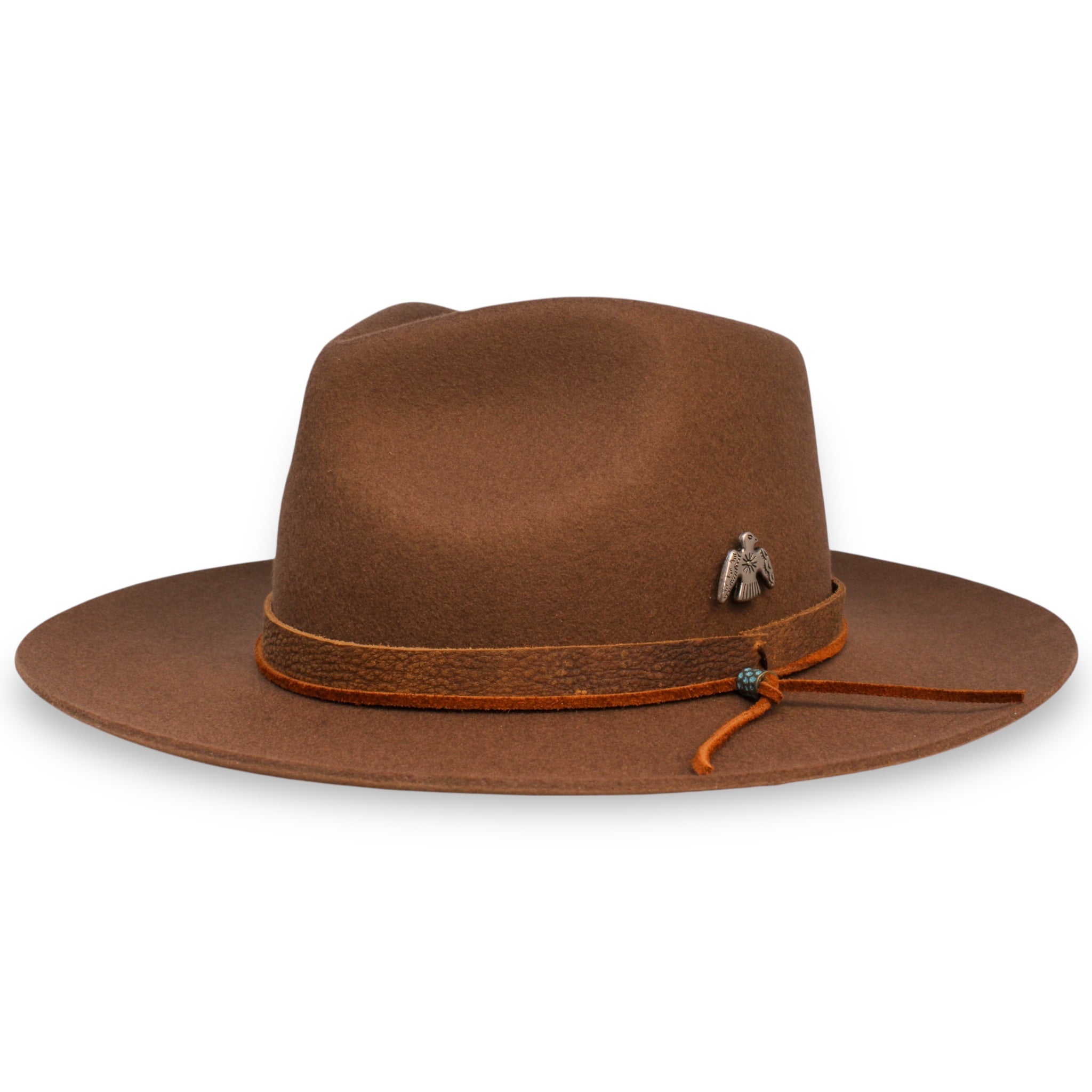 Brown felt fedora hat with a thunderbird silver concho, a textured leather hat band, and an orange hat tie made by House of Hatters.