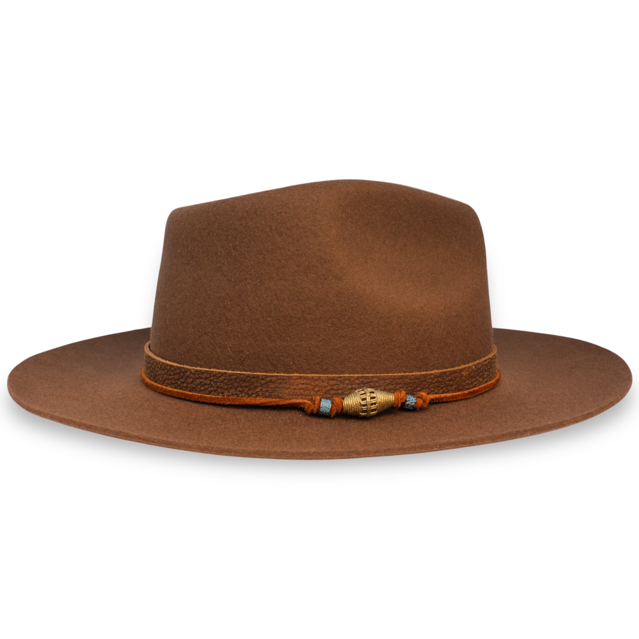 The opposite side view of the lifted fedora showing the detailed brass and blue beads on the hat tie.