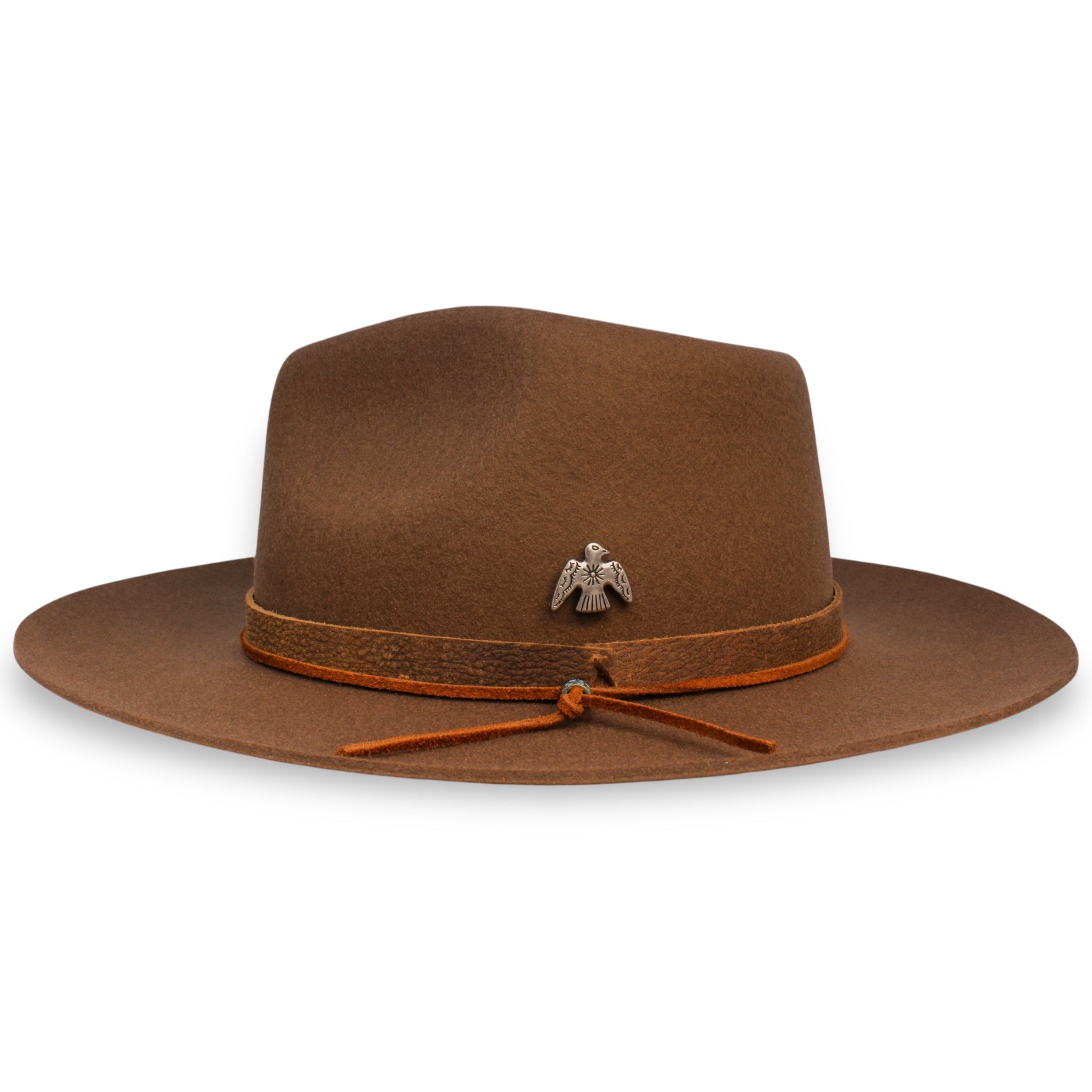 Brown fedora hat viewed from the side showing off the hat band, the hat tie, and the silver thunderbird concho.