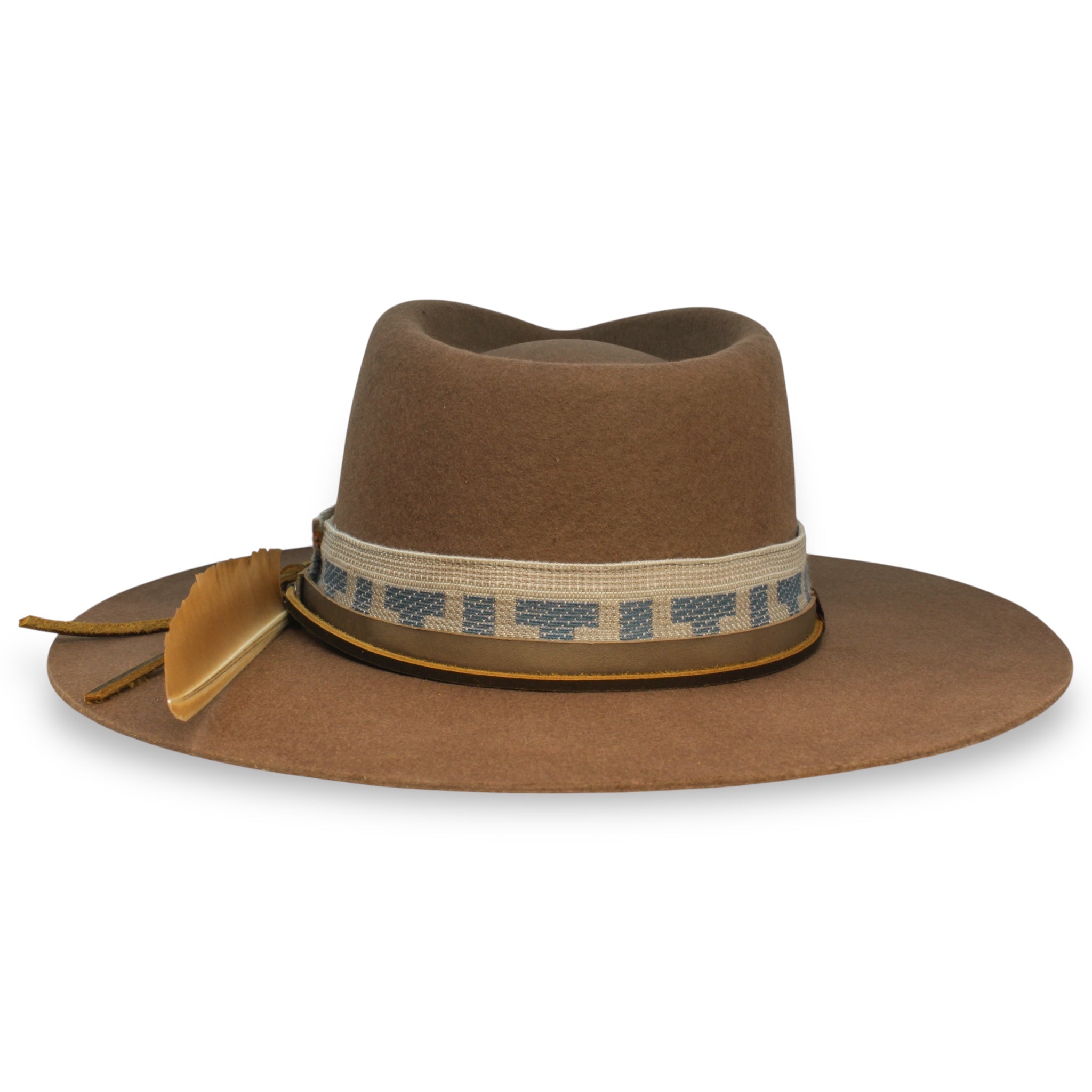 Back view of a felt fedora hat showing the intricacies of the textile band.