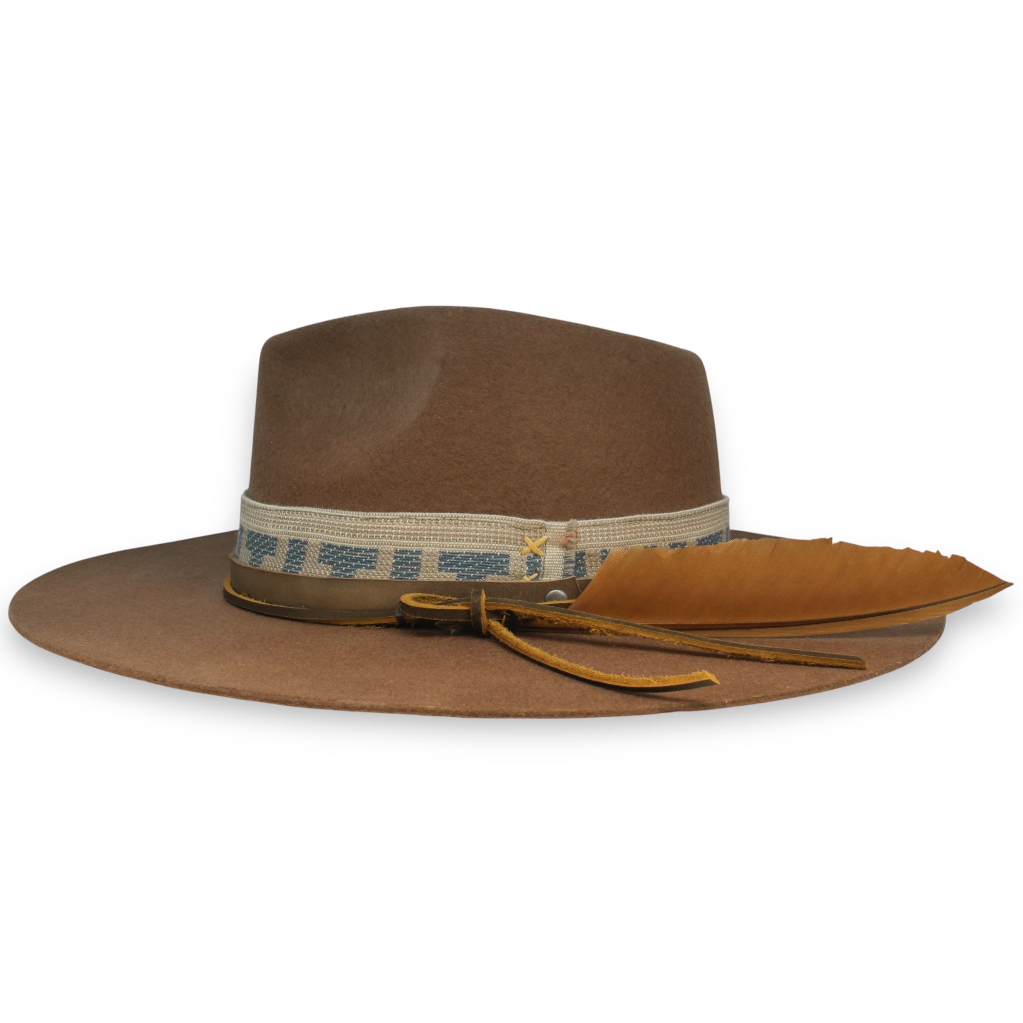 Side profile of a brown fedora hat with a white and blue textile band, a looped leather hat tie, and a large orange-red feather.