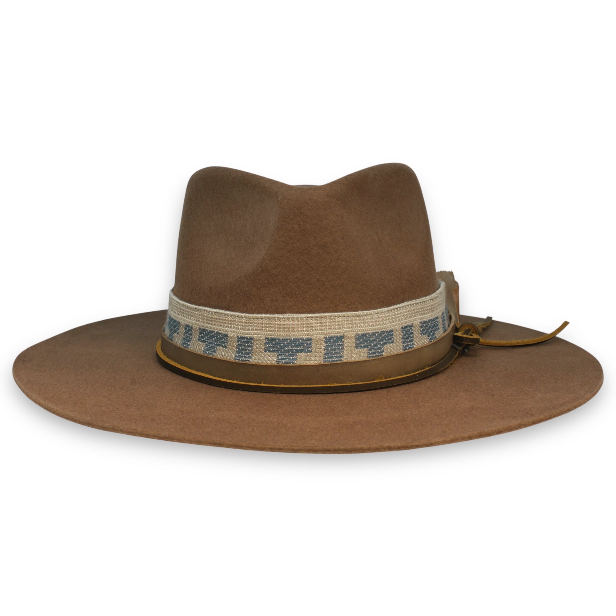 Front view of a brown wide brim fedora with a textile band and brown leather hat bands.