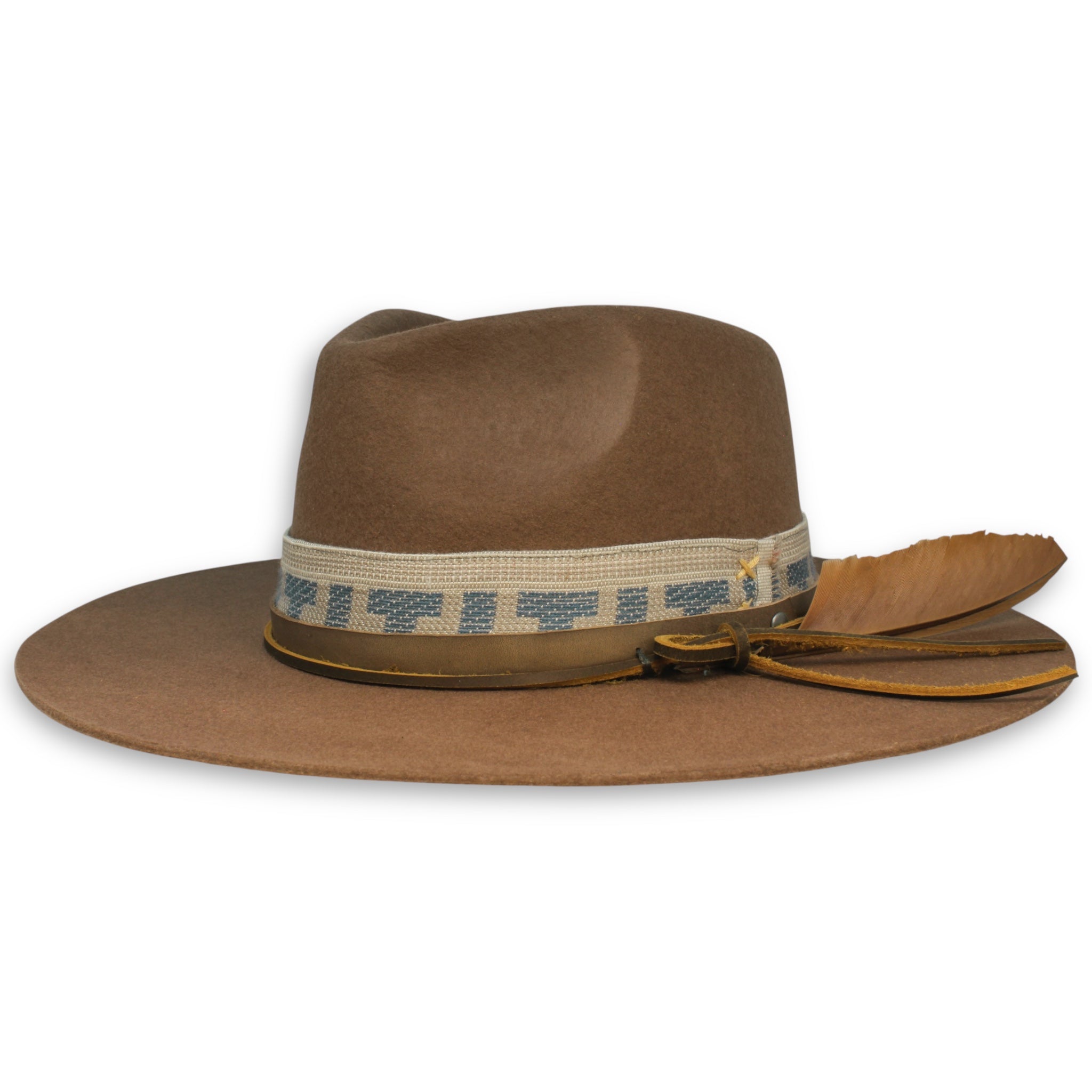 A wide brim felt fedora with a white and blue textile band, leather hat band, leather hat tie, and a feather designed by House of Hatters.