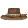 A wide brim felt fedora with a white and blue textile band, leather hat band, leather hat tie, and a feather designed by House of Hatters.