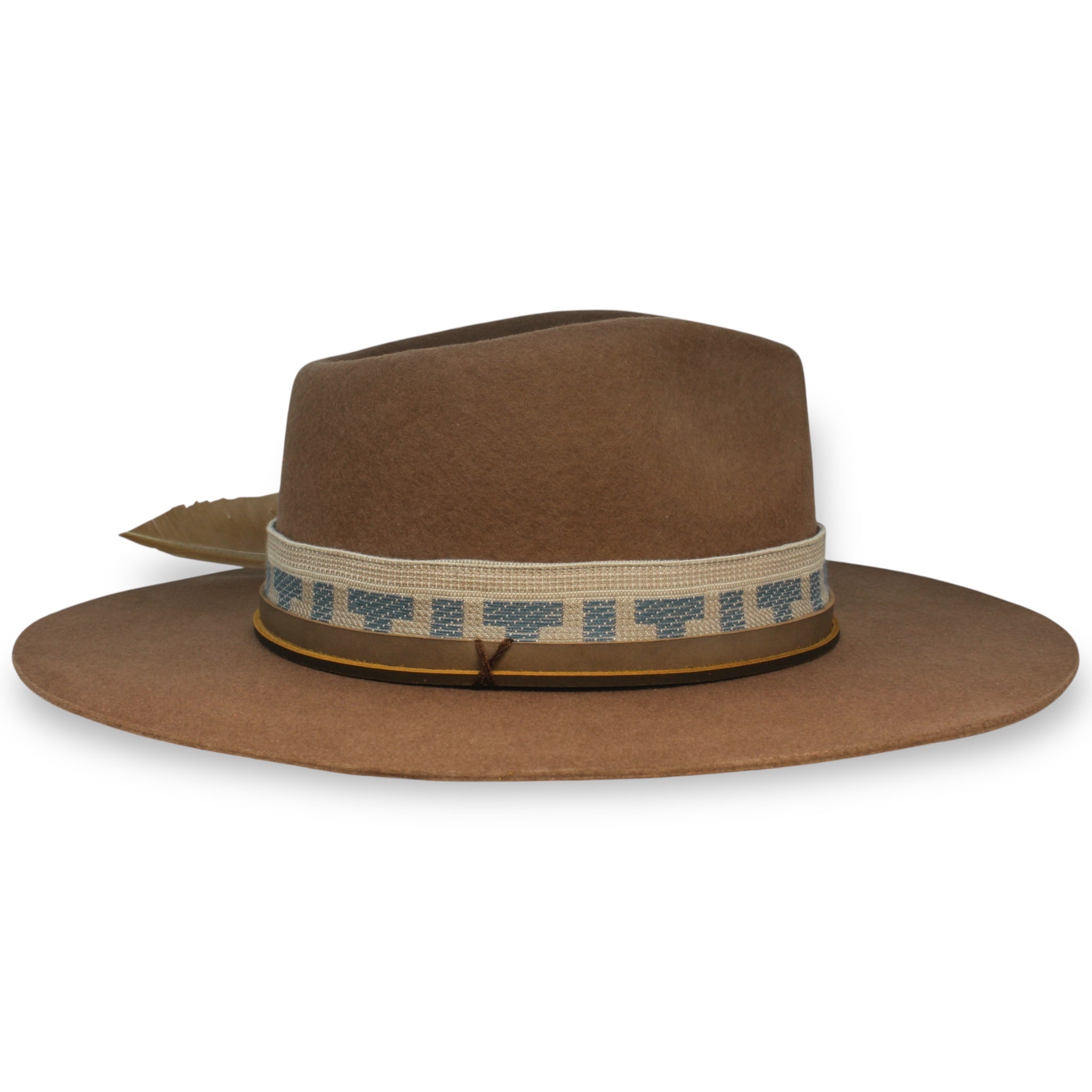 The opposite side view showing the pinch of the fedora, the textile band, and the two leather hat bands held in place by an X stitch.
