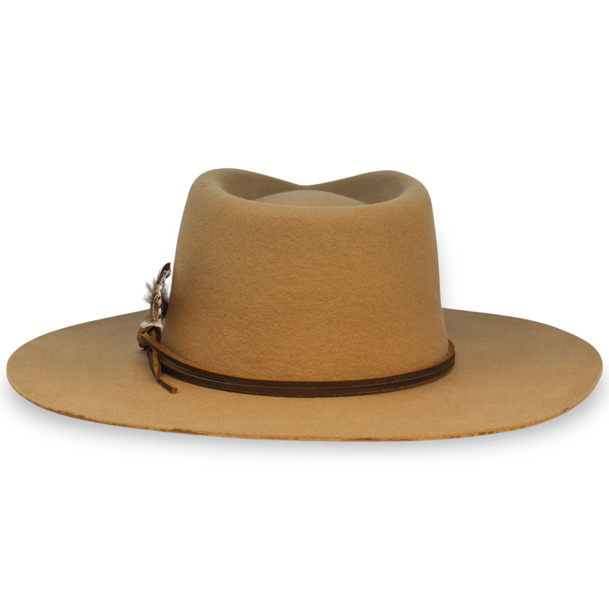 The back view of a tan colored wide brimmed hat with a brown leather hat tie.