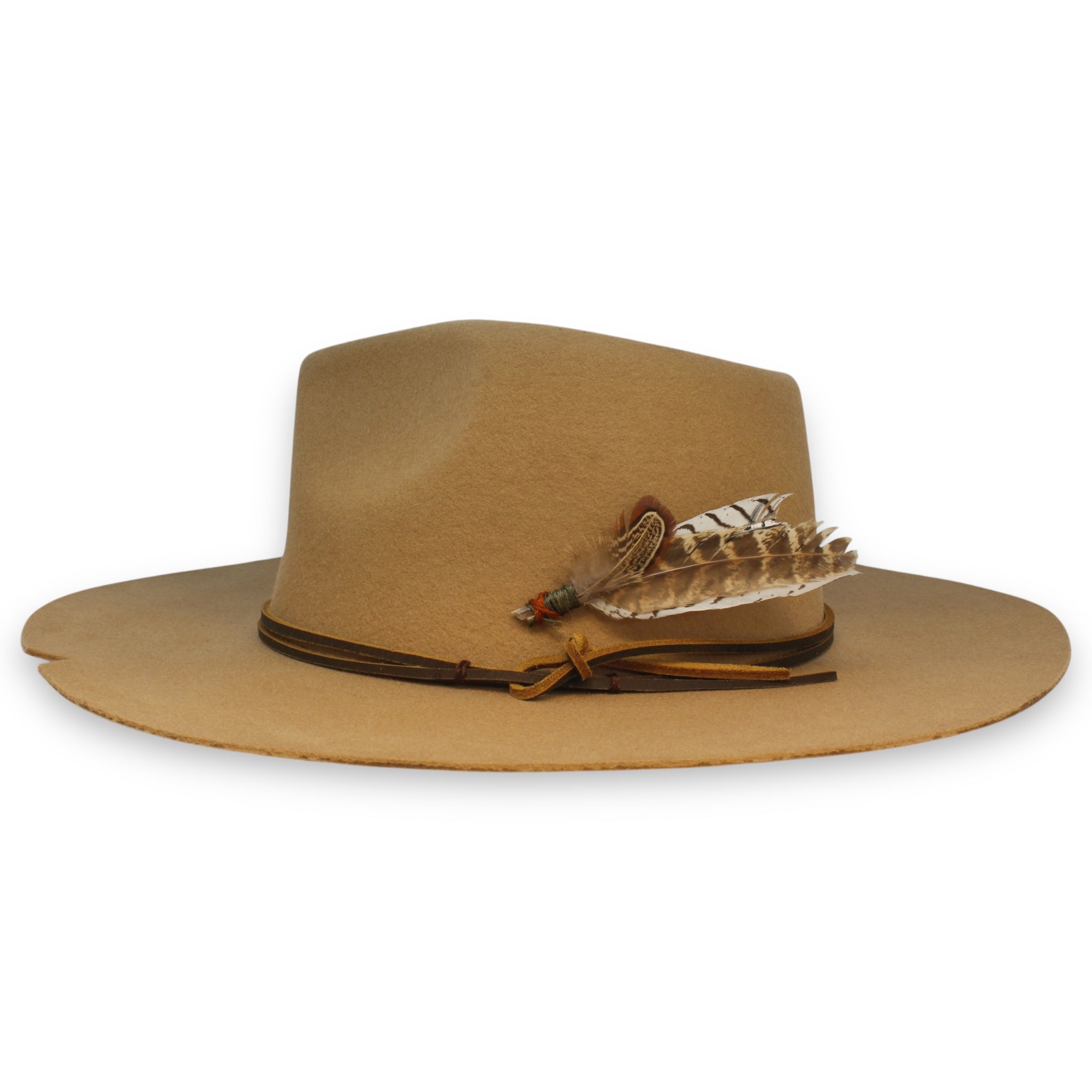 The side profile of a light brown felt fedora with a dark brown handmade hat tie and a feather pin with three feathers held in place by a red X stitch.