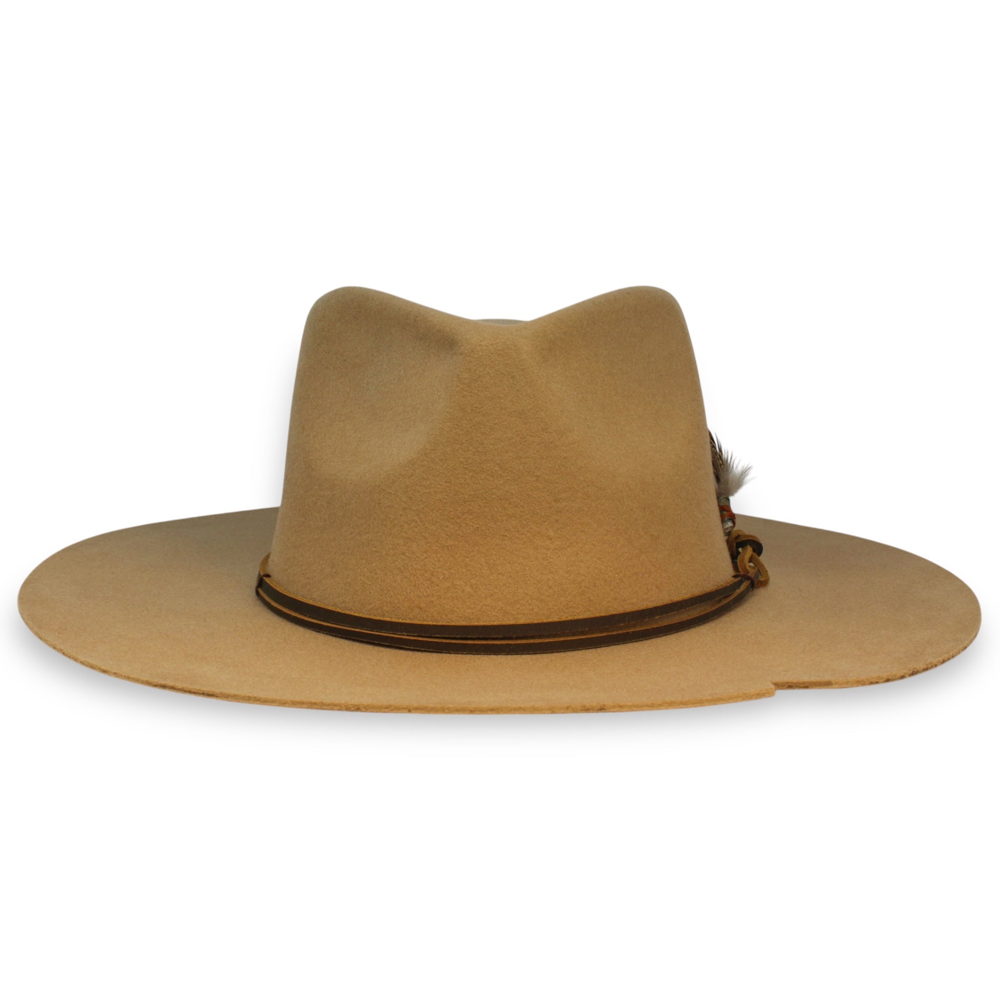 The front view of a camel colored fedora hat with a dark brown leather hat band.