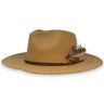 A camel colored wide brimmed fedora hat with a simple leather hat tie, a feather pin, and a V cut in the brim created by House of Hatters.