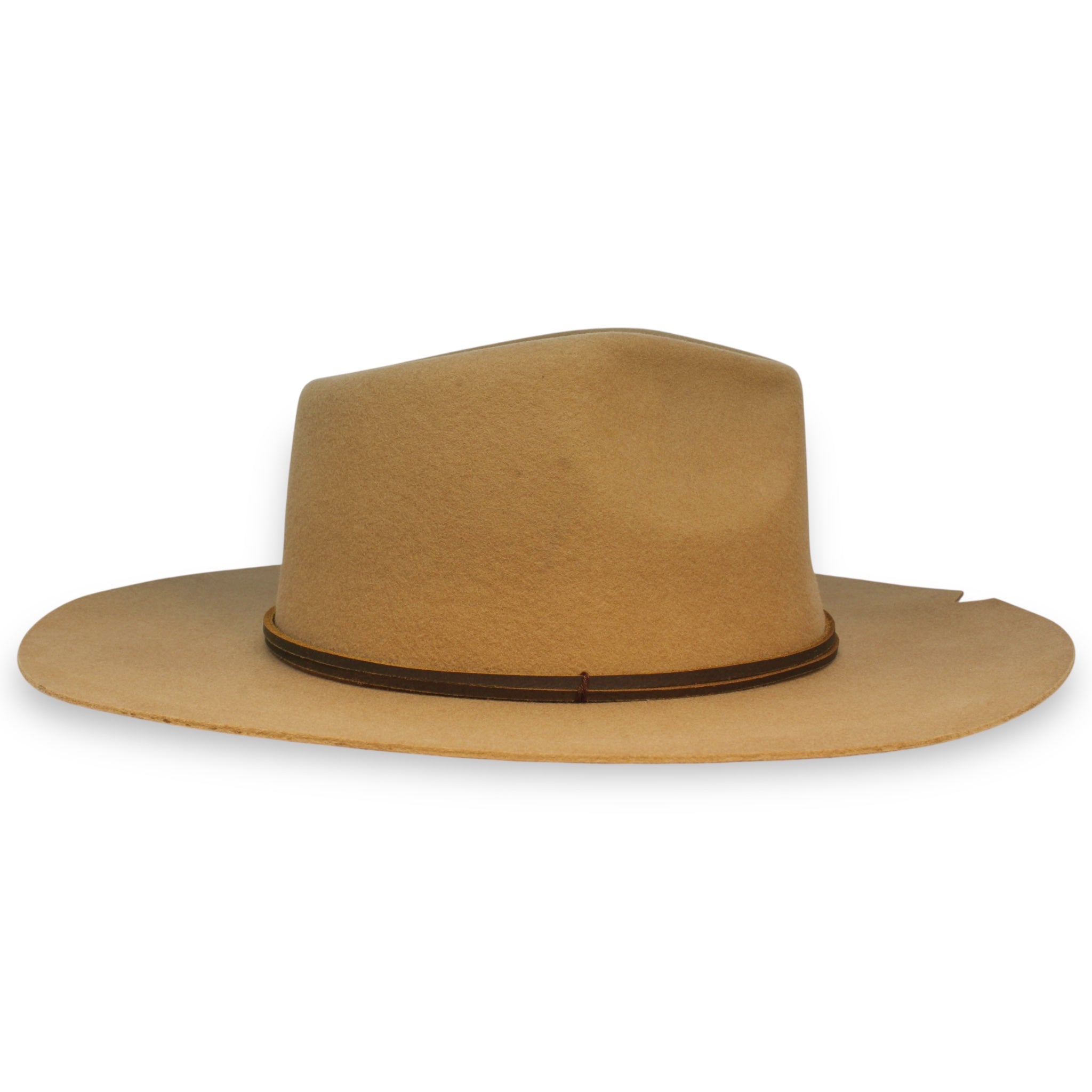 The opposite side profile of a camel colored fedora showing the side of the front pinch and the V cut in the brim.