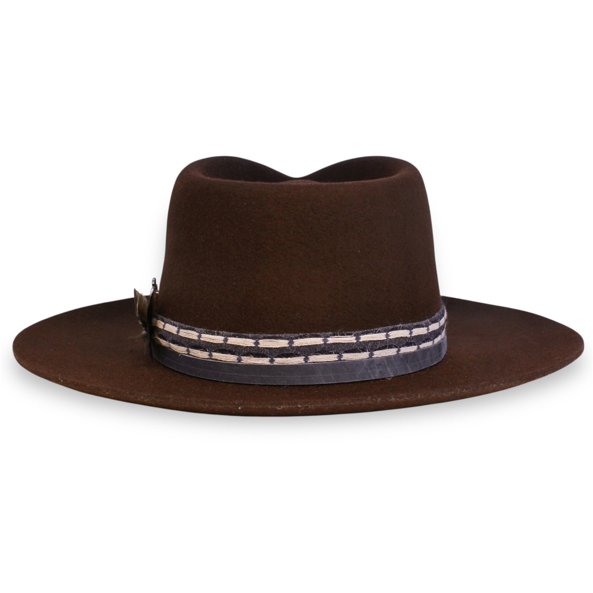 The back view of a felt hat with blue accent leather and textile bands.