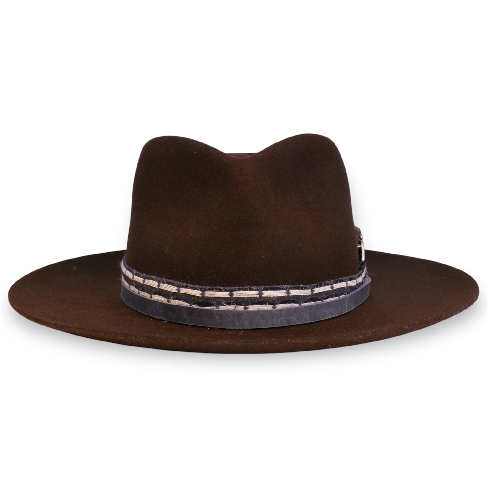 The front view of a dark brown fedora with a lifted brim. The hat has a muted blue leather band and a blue and white textile band.