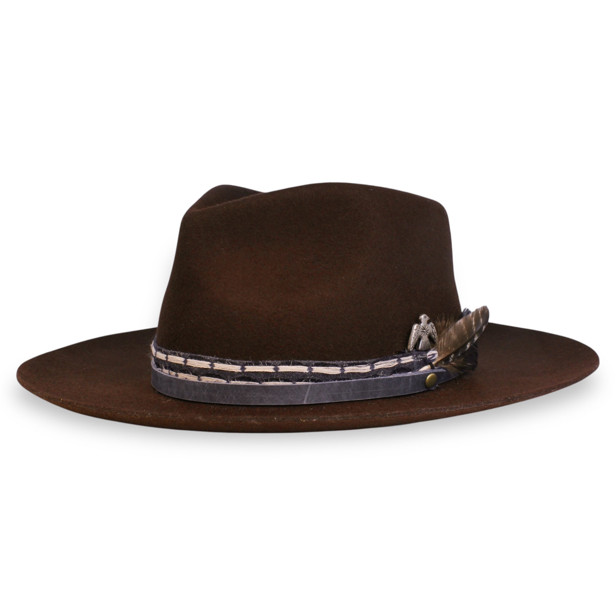 Chocolate brown felt fedora with a blue textile band, blue leather band, a feather, and a silver thunderbird concho created by House of Hatters.