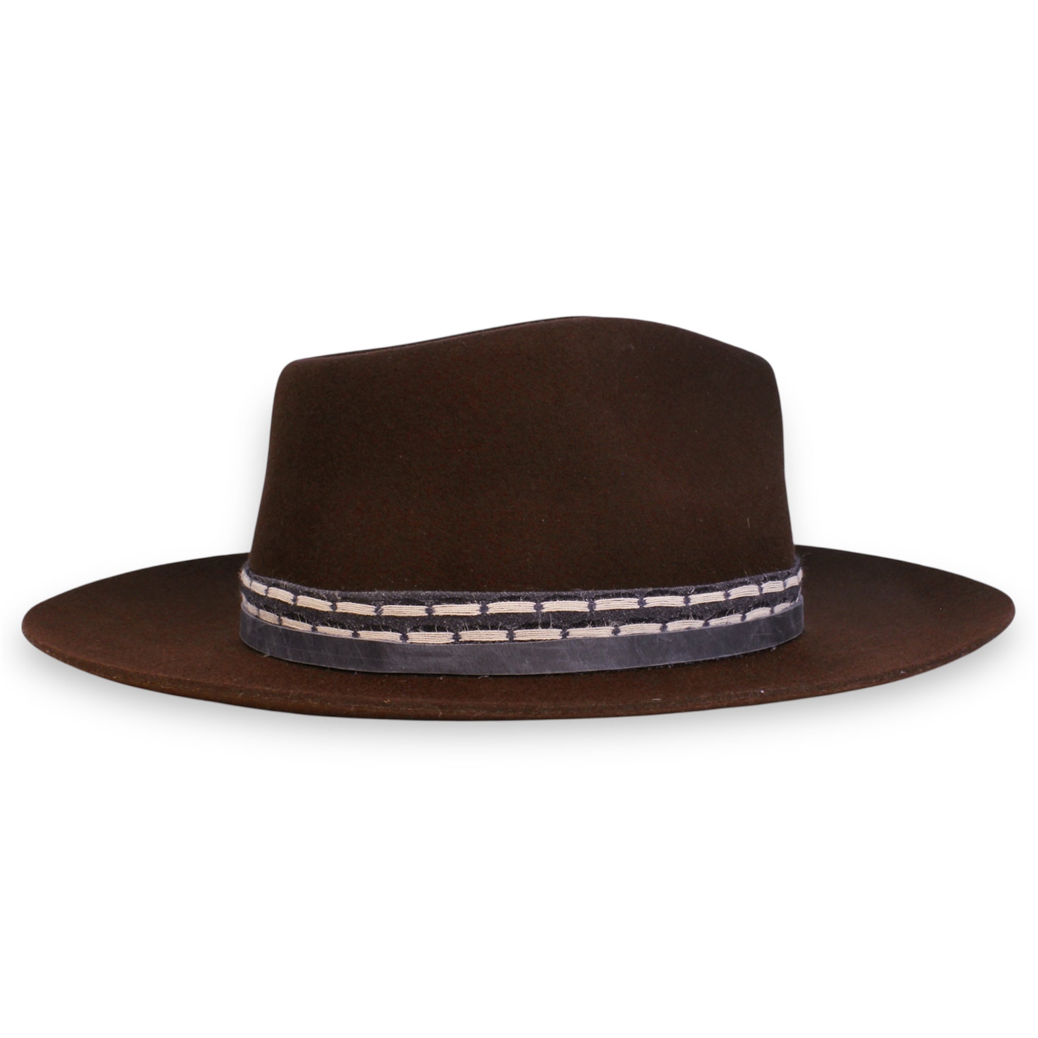 The opposite side view of a short brim chocolate hat made from felt. This view shows the blue textile band with two white streaks running horizontally.