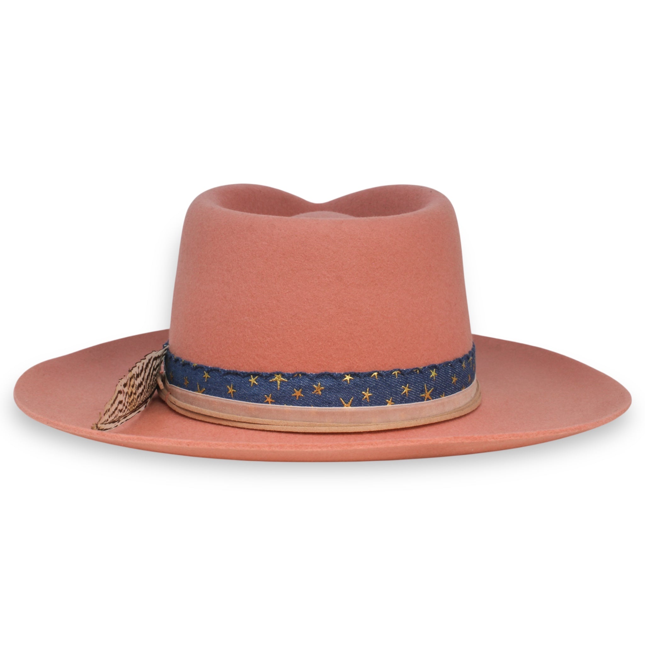 Back view showing a pink felt fedora with a blue and gold ribbon, a pink ribbon, and a leather hat tie.