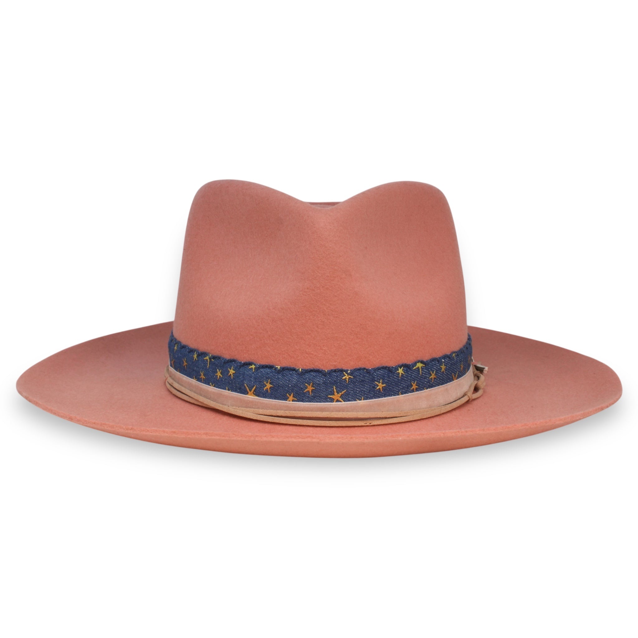 Front view of a coral pink felt hat accessorized with a blue ribbon featuring stars, a light pink velvet ribbon, and a tan leather hat tie.
