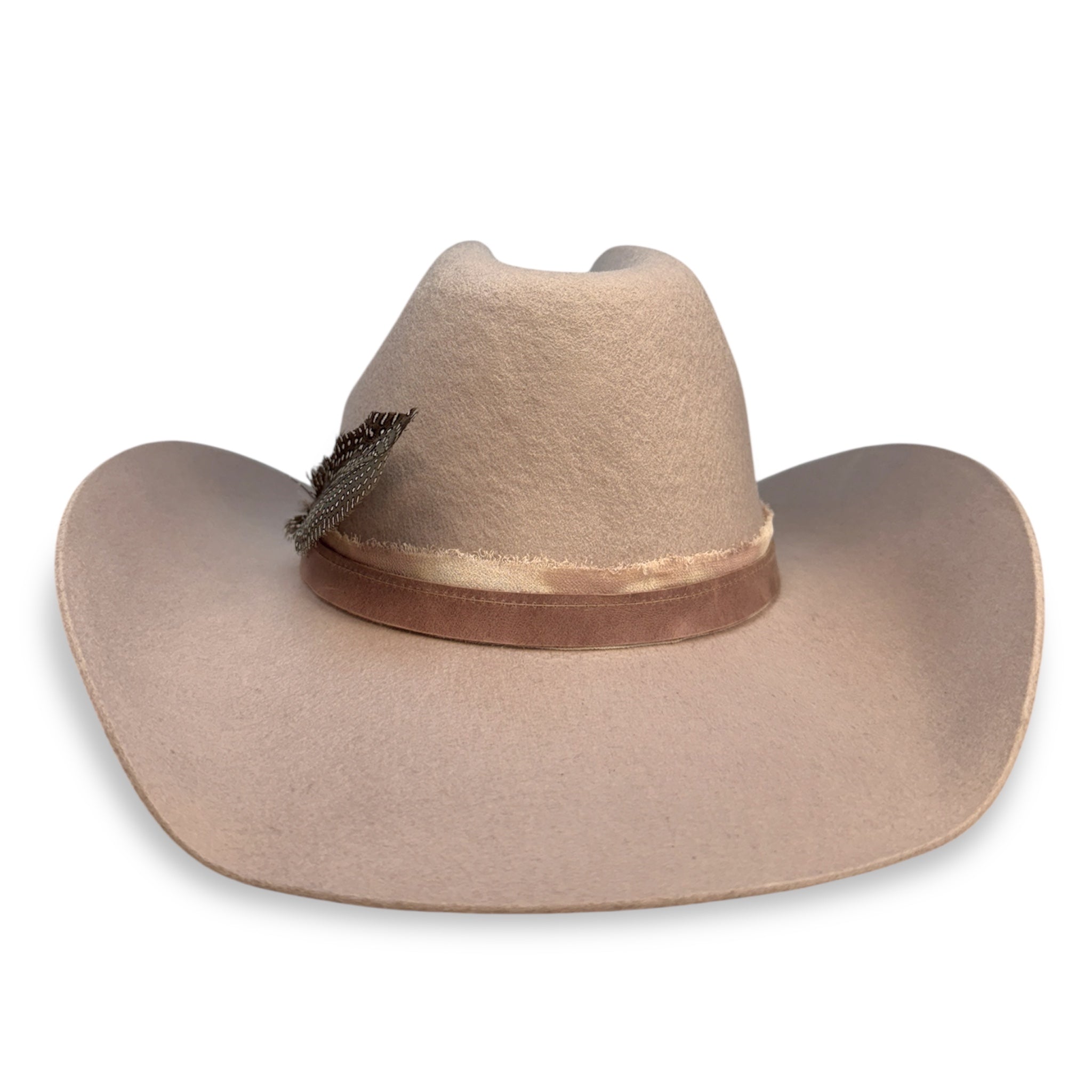 Back view of lavender felt cowboy hat showing the pink-gray colored leather hat band and distressed cloth layering.