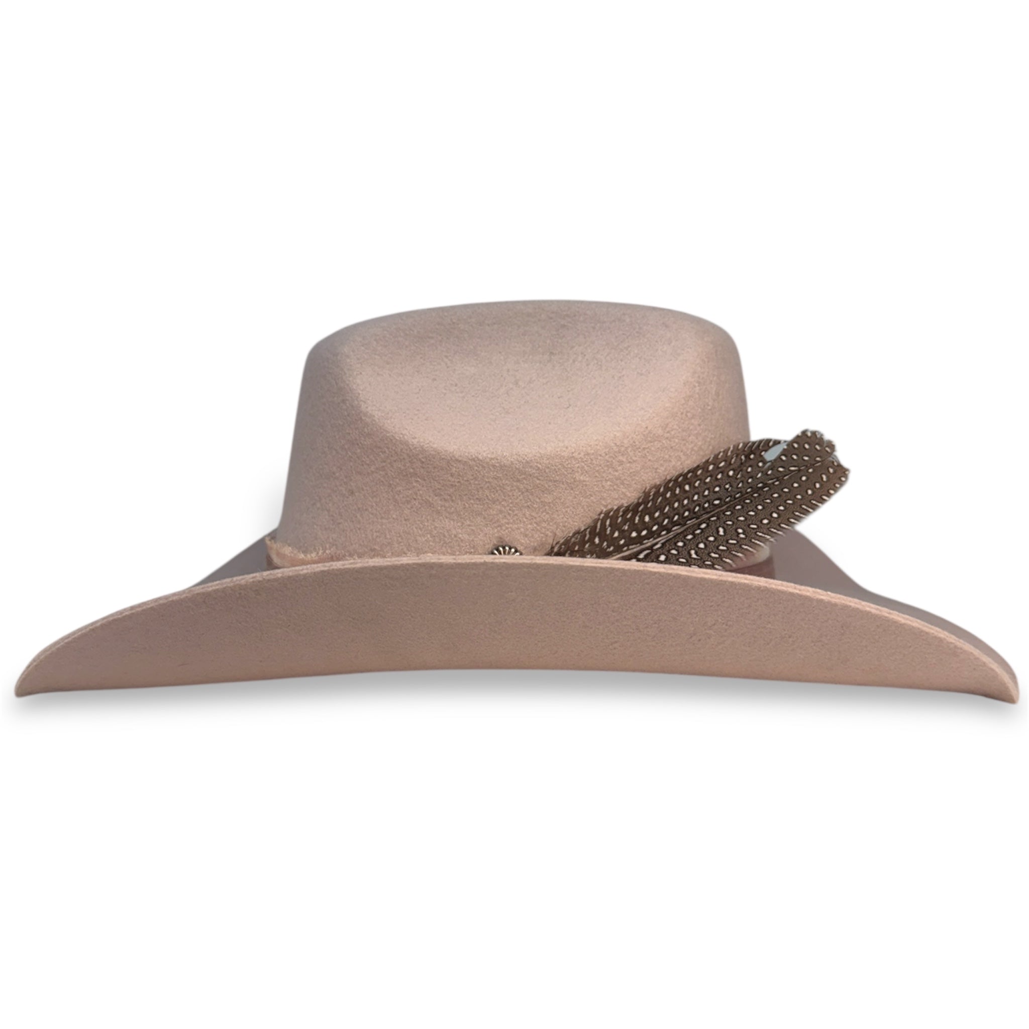 Side view of custom lavender felt cowboy hat showing the wings of the hat and the spotted feather.