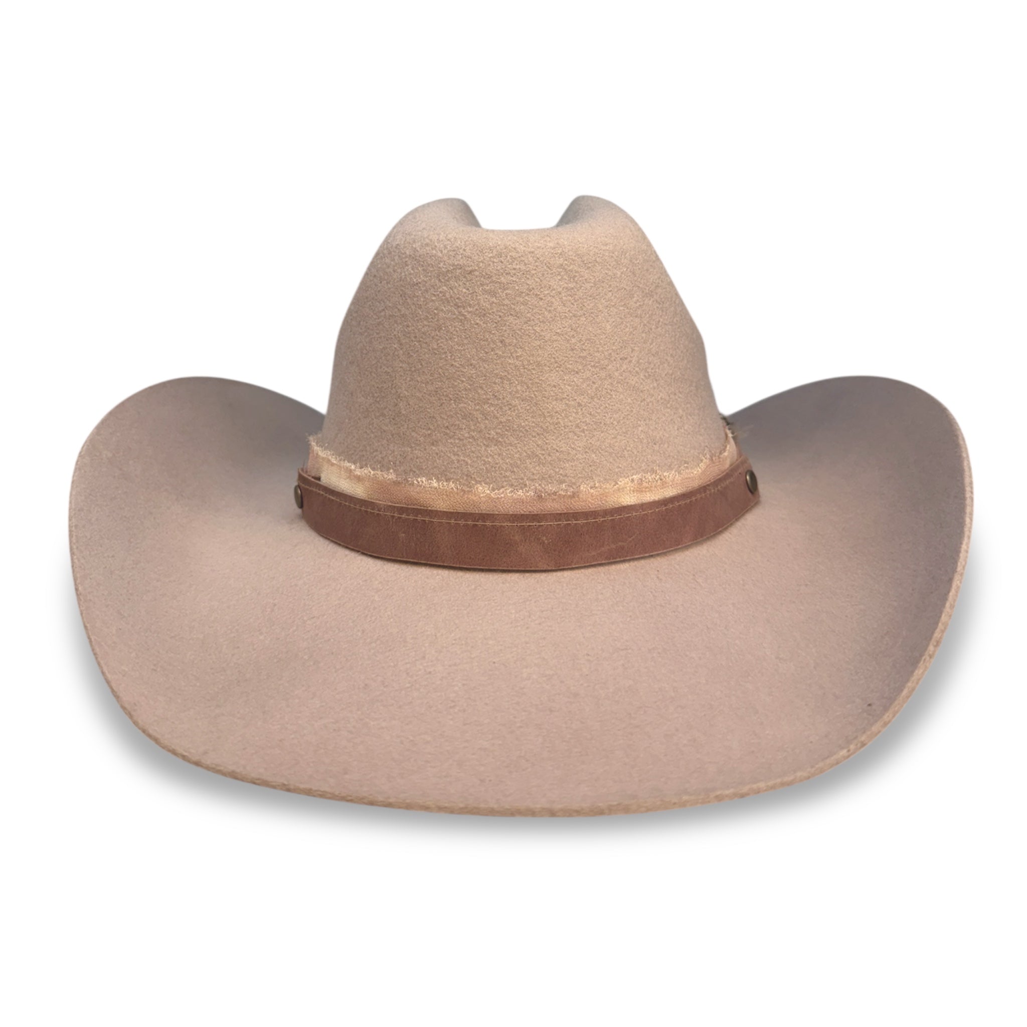 Front view of pale purple cattleman crown cowboy hat with leather hat band and cloth ribbon.