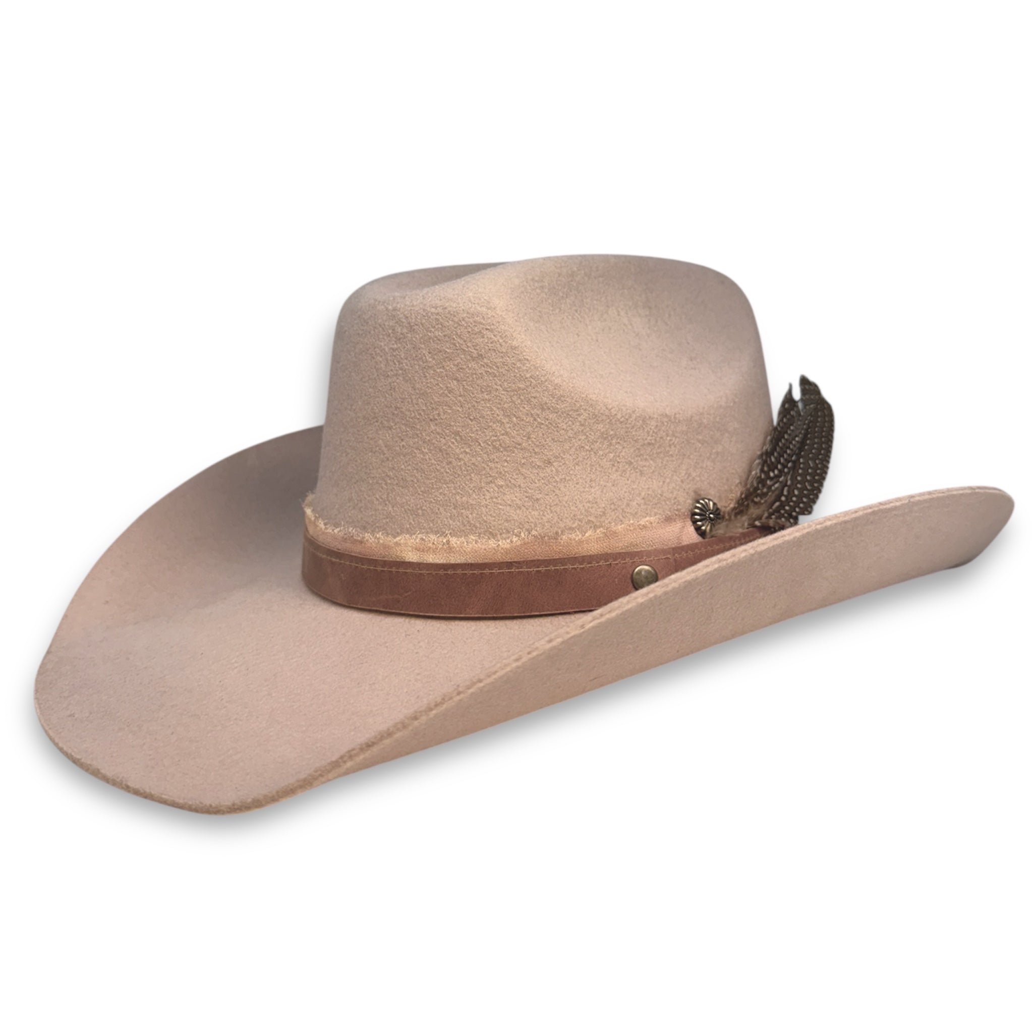 A lavender cowboy hat with a leather band, ribbon, silver concha, and large spotted feather made by House of Hatters.