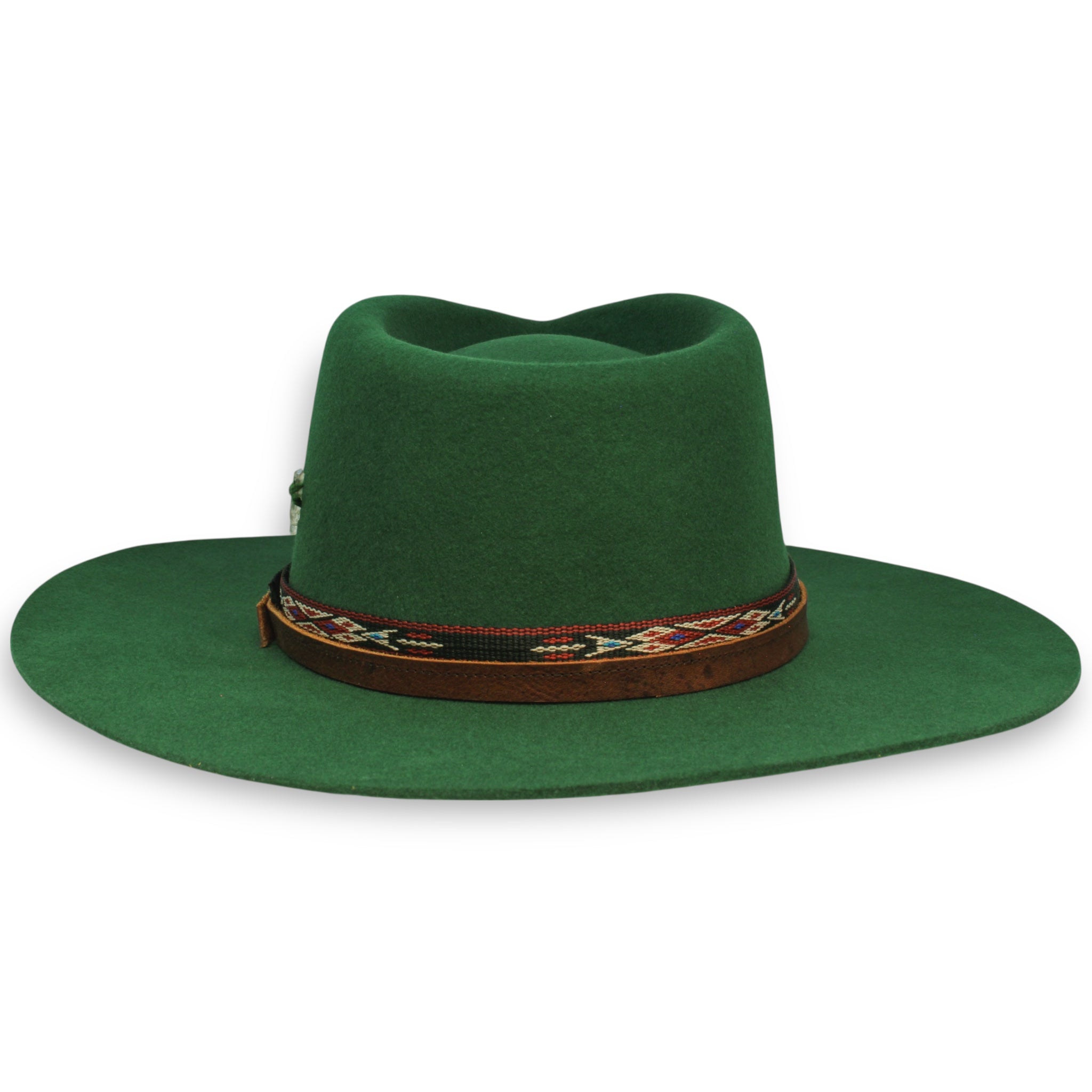 Back view of a green fedora with native textile and leather band.