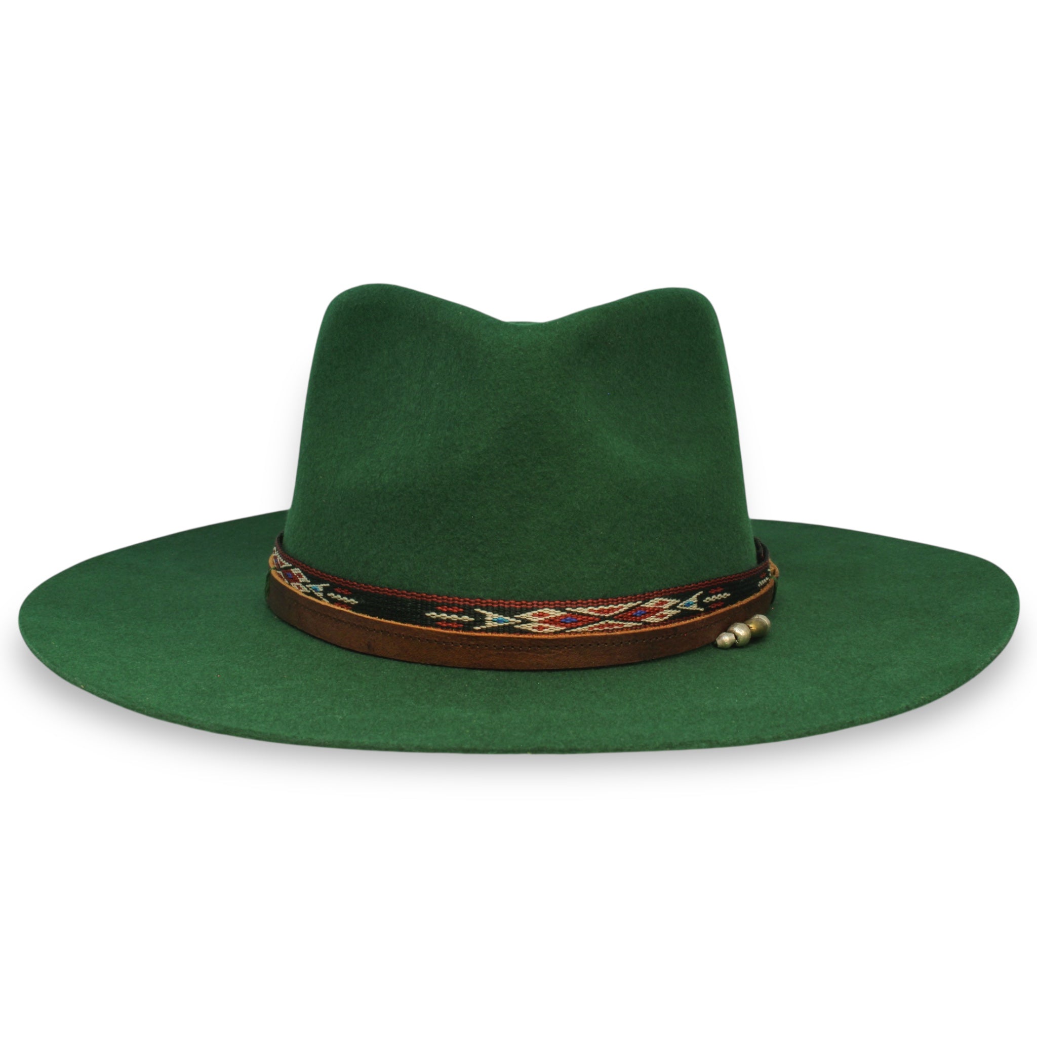 Front view of a green felt fedora with multicolored indigenous textile and a leather hat band.