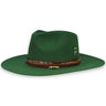 A wide brimmed emerald green fedora with native-inspired textile, a leather hat band, beads, and crystals crafted by House of Hatters.