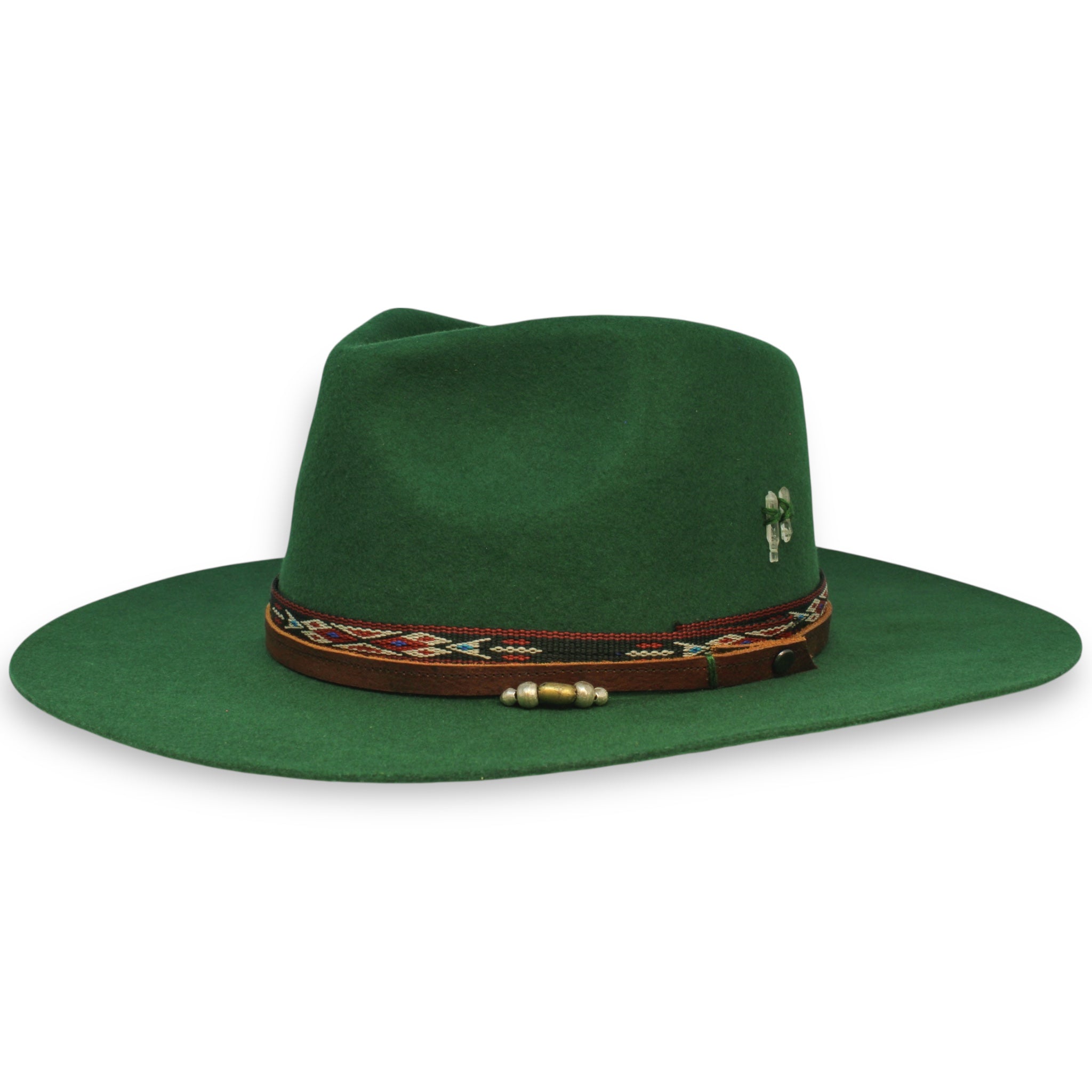 A wide brimmed emerald green fedora with native-inspired textile, a leather hat band, beads, and crystals crafted by House of Hatters.