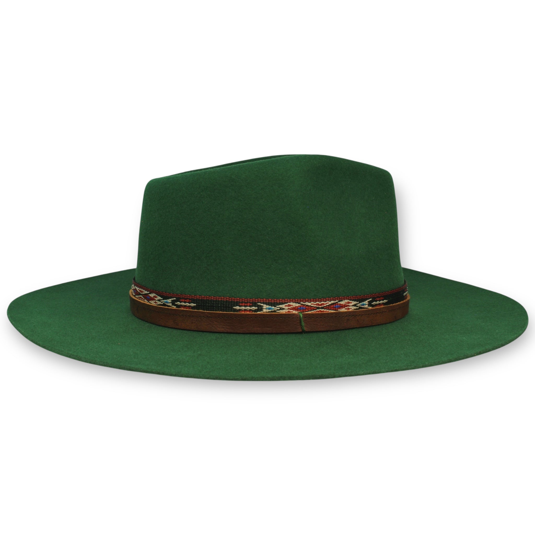 Opposite side view of a felt fedora hat in dark green with a wide brim.