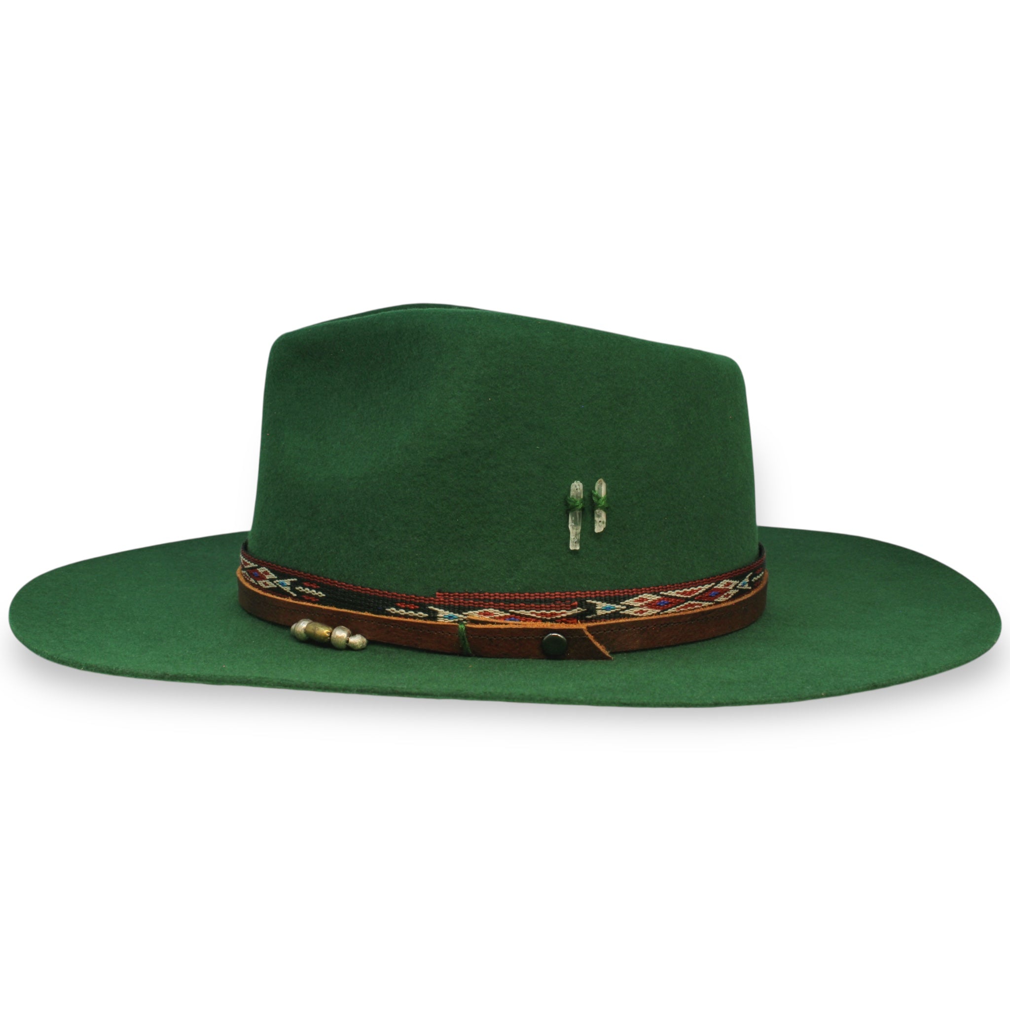 Side view of a dark green felt hat with a mixture of silver and brass beads and two crystals sewn into the crown.