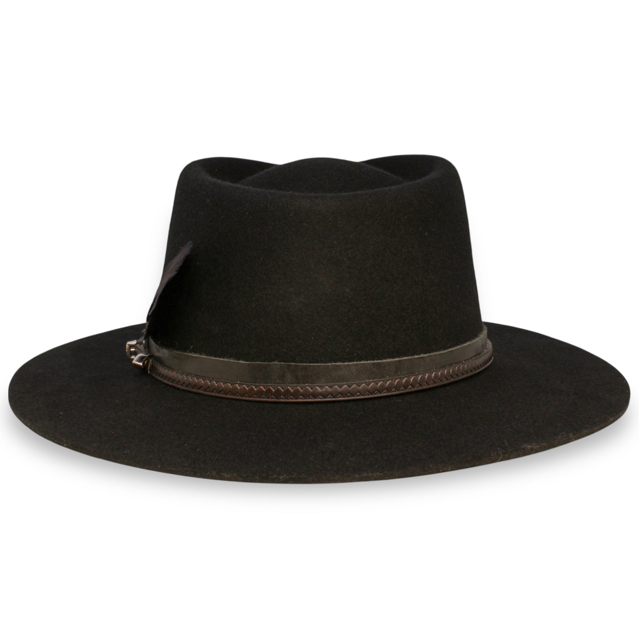 The back of a felt hat showing off the detail of both leather bands. The slimmer leather band has diamond shapes.