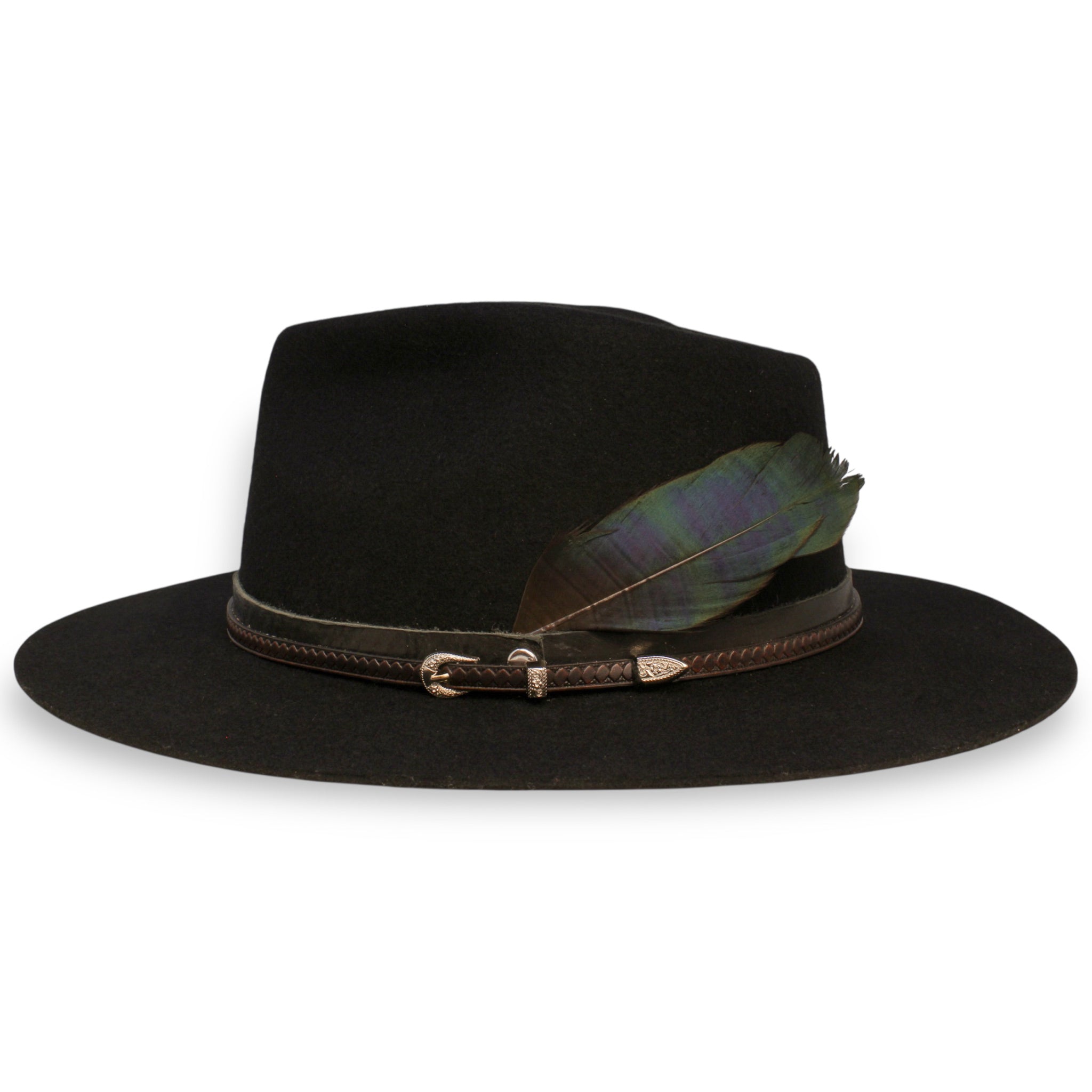 Side view of a black fedora with two leather bands and a large feather. The feather has a blue and green sheen in certain lighting conditions.