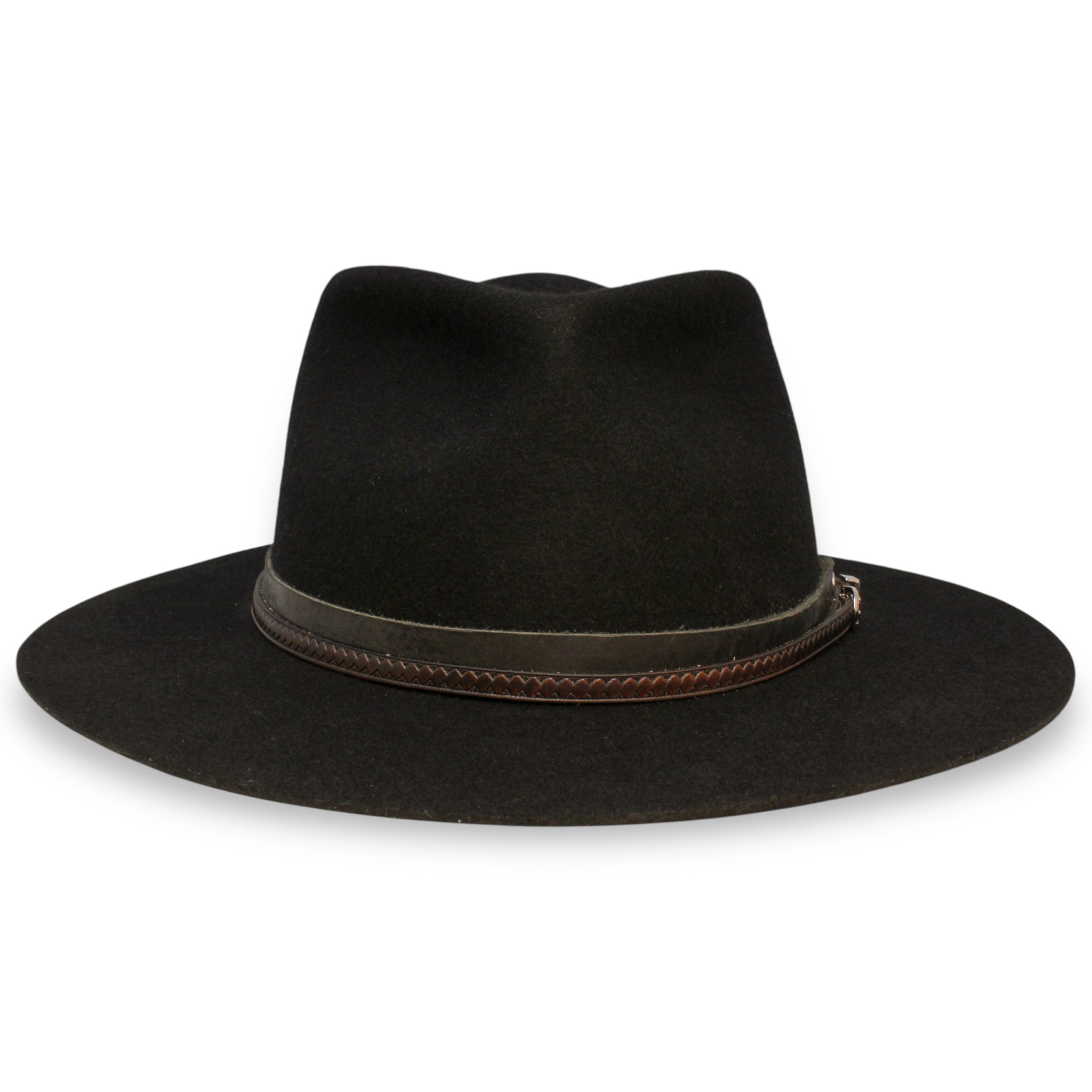 The front of a felt fedora hat with a black leather band and a dark red leather band.