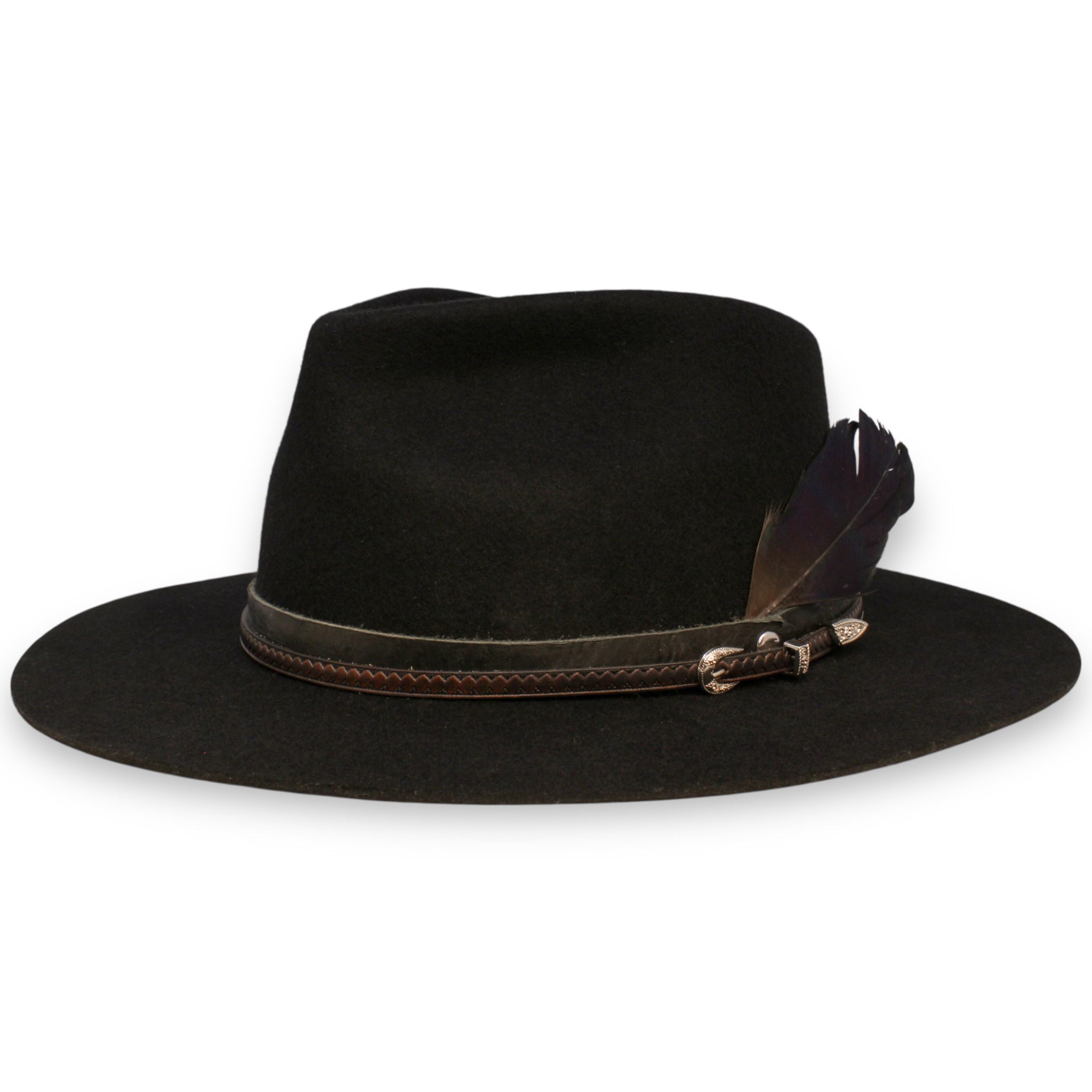 A black felt fedora with a simple design featuring a leather band, a leather belt, and a feather.