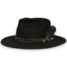 A black felt fedora with a simple design featuring a leather band, a leather belt, and a feather.