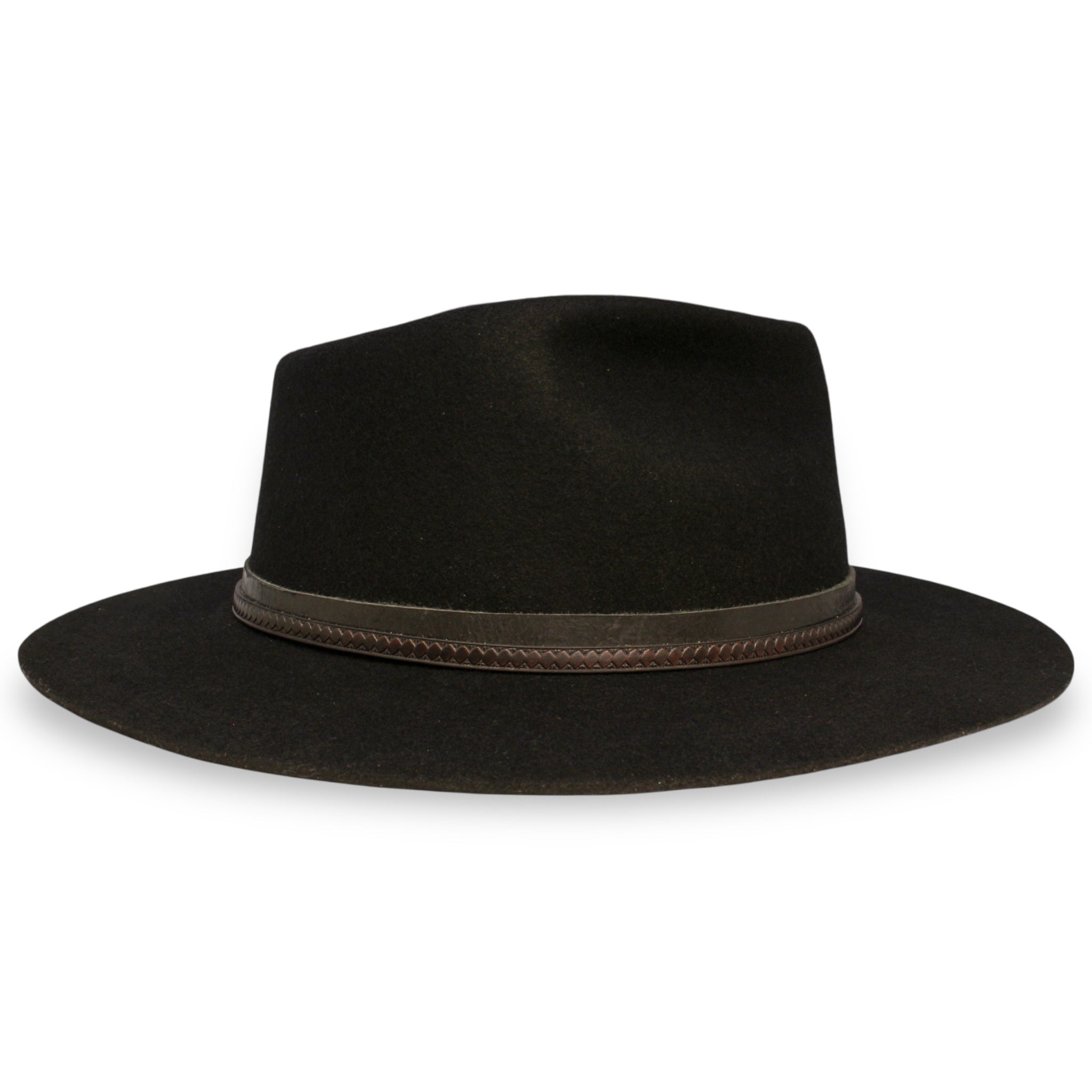 The opposite side view of a black hat with a short brim featuring two leather bands.