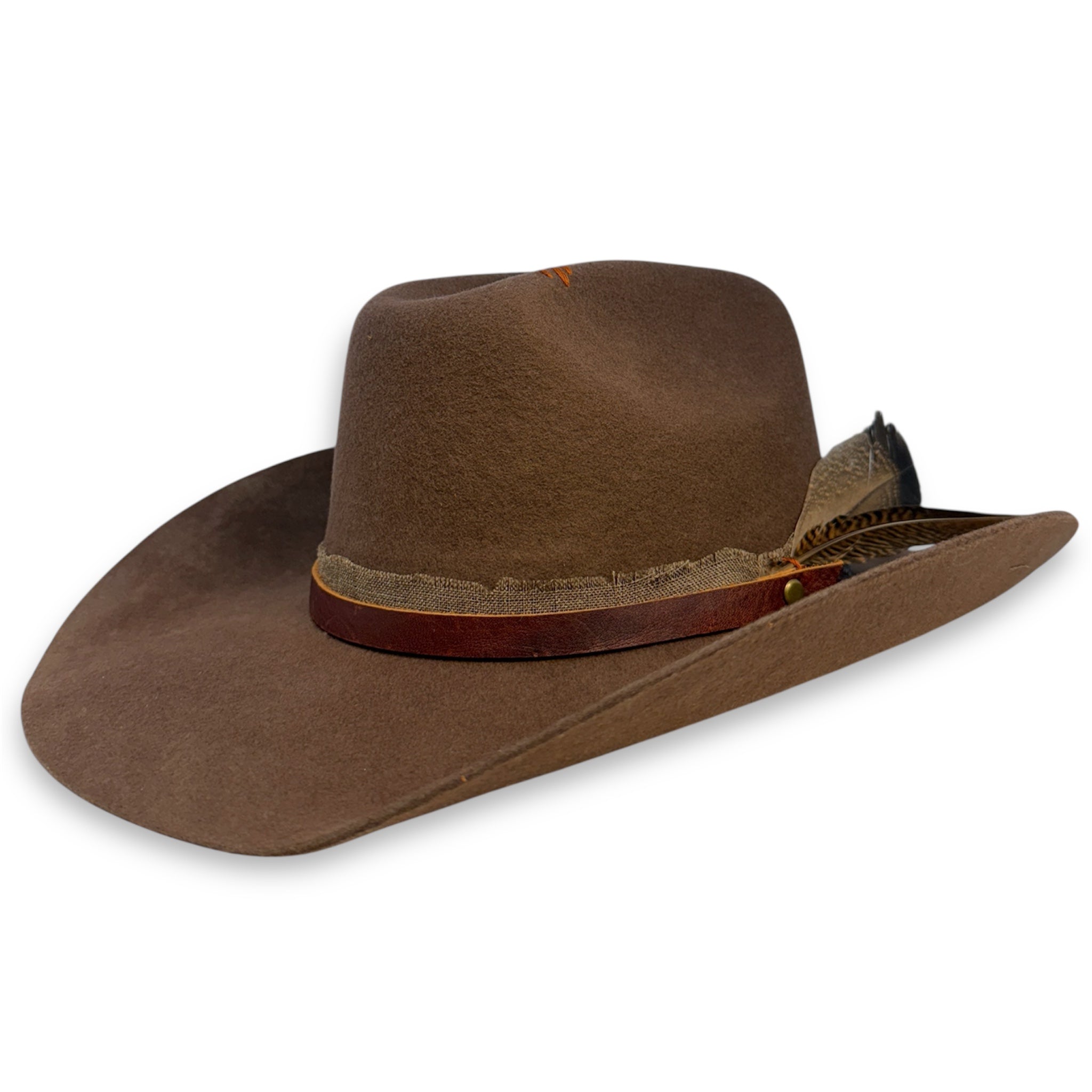 Brown felt cowboy hat with a leather hat band, burlap ribbon, and two feathers made by House of Hatters.