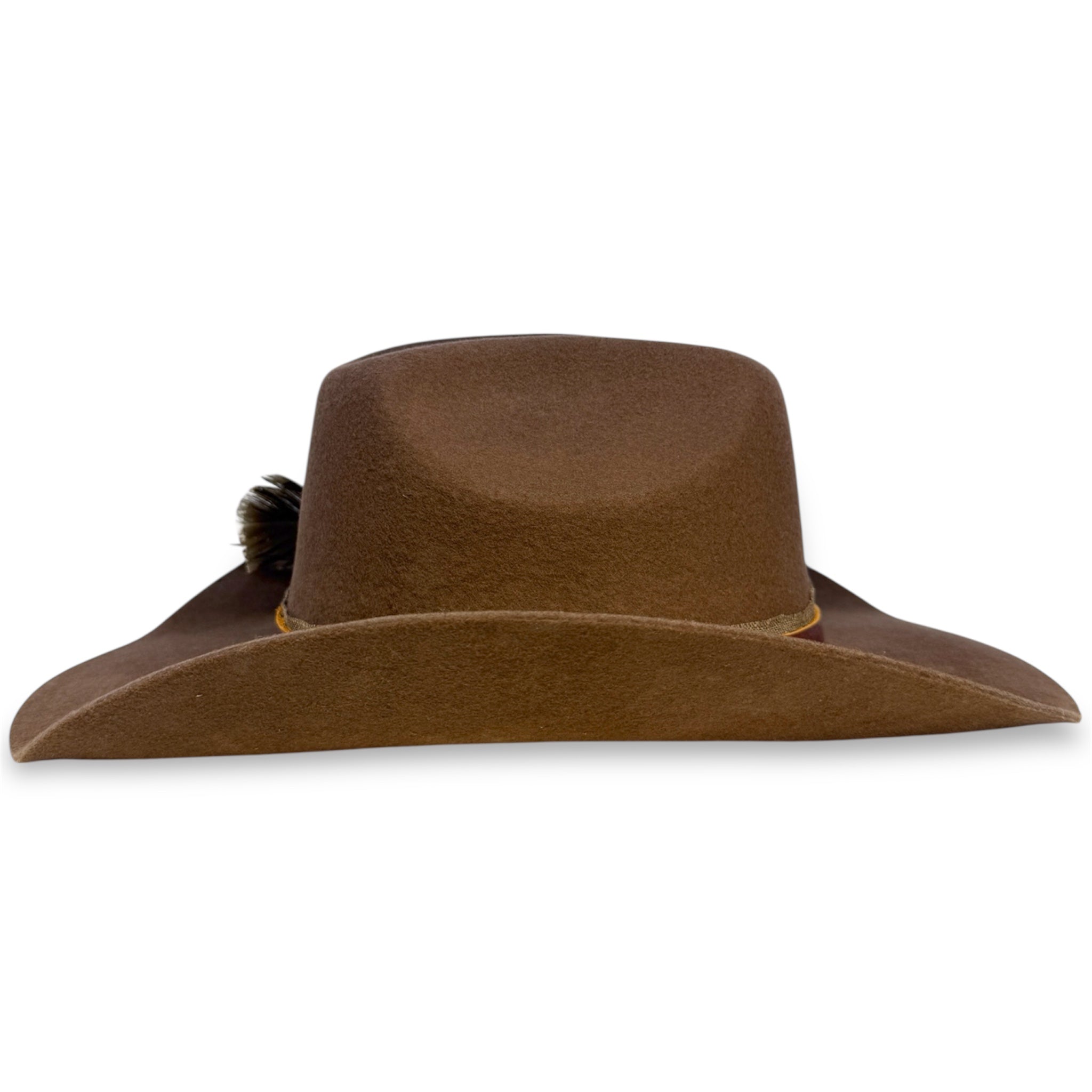Opposite side view of a designed brown cowboy hat showing the wings.