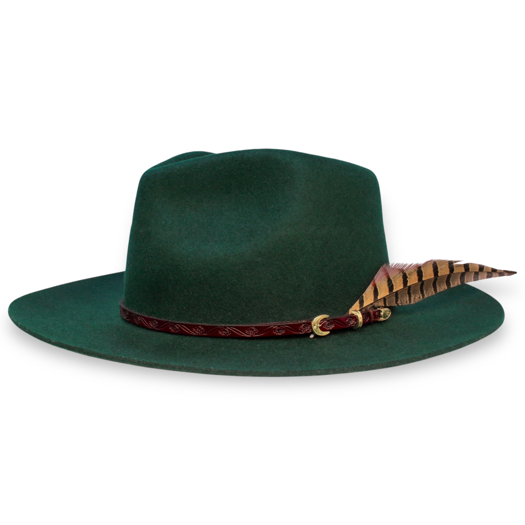 An emerald green fedora with a lifted brim accessorized with a red and gold hat band and large feather by House of Hatters.