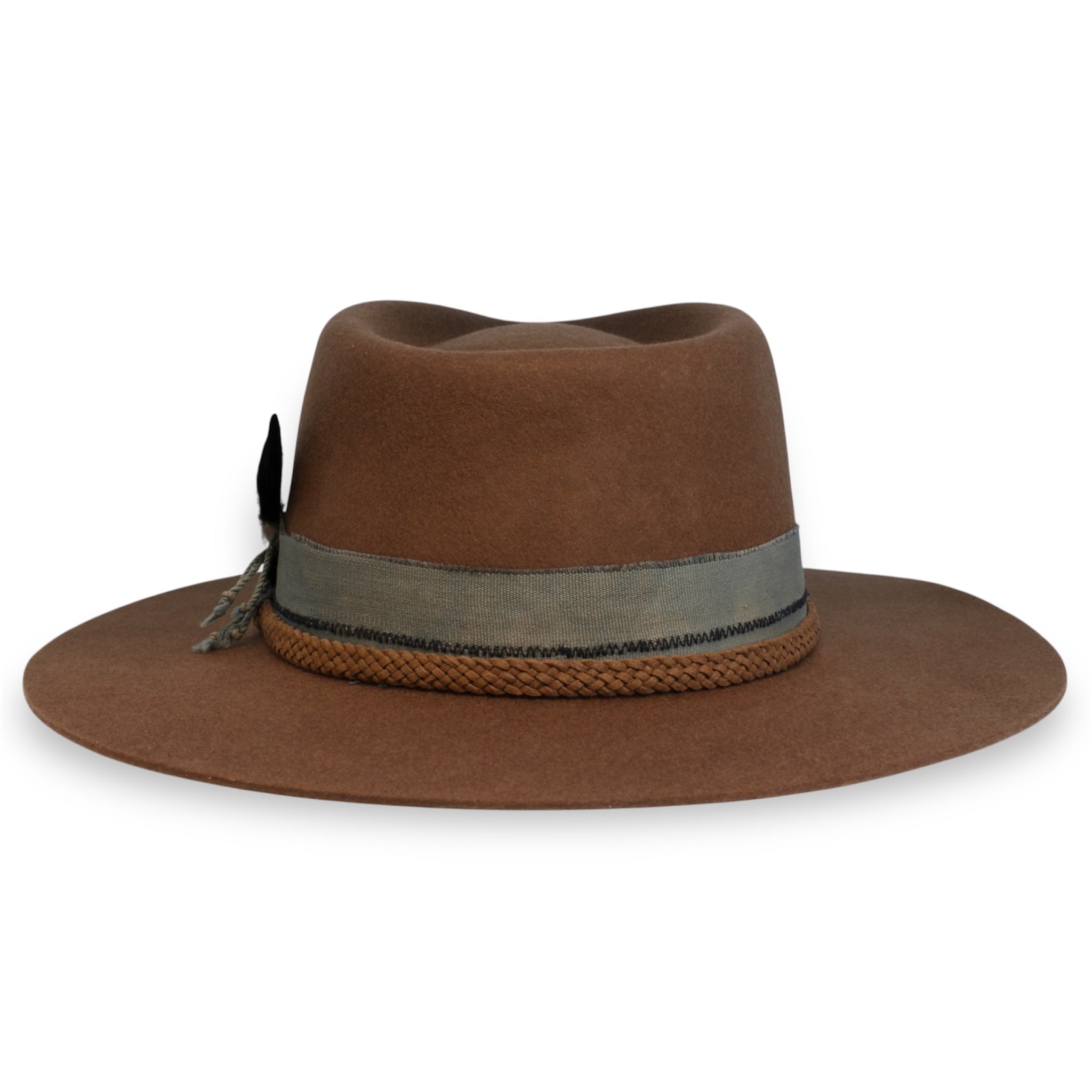 Back view of the brown fedora with a broken teardrop shape. The textile is gray with a darker stripe near the bottom. There is brown braided cord at the bottom of the crown.