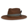 Brown fedora with a simple textile band, braided leather band, and feathers in a silver feather pin made by House of Hatters.